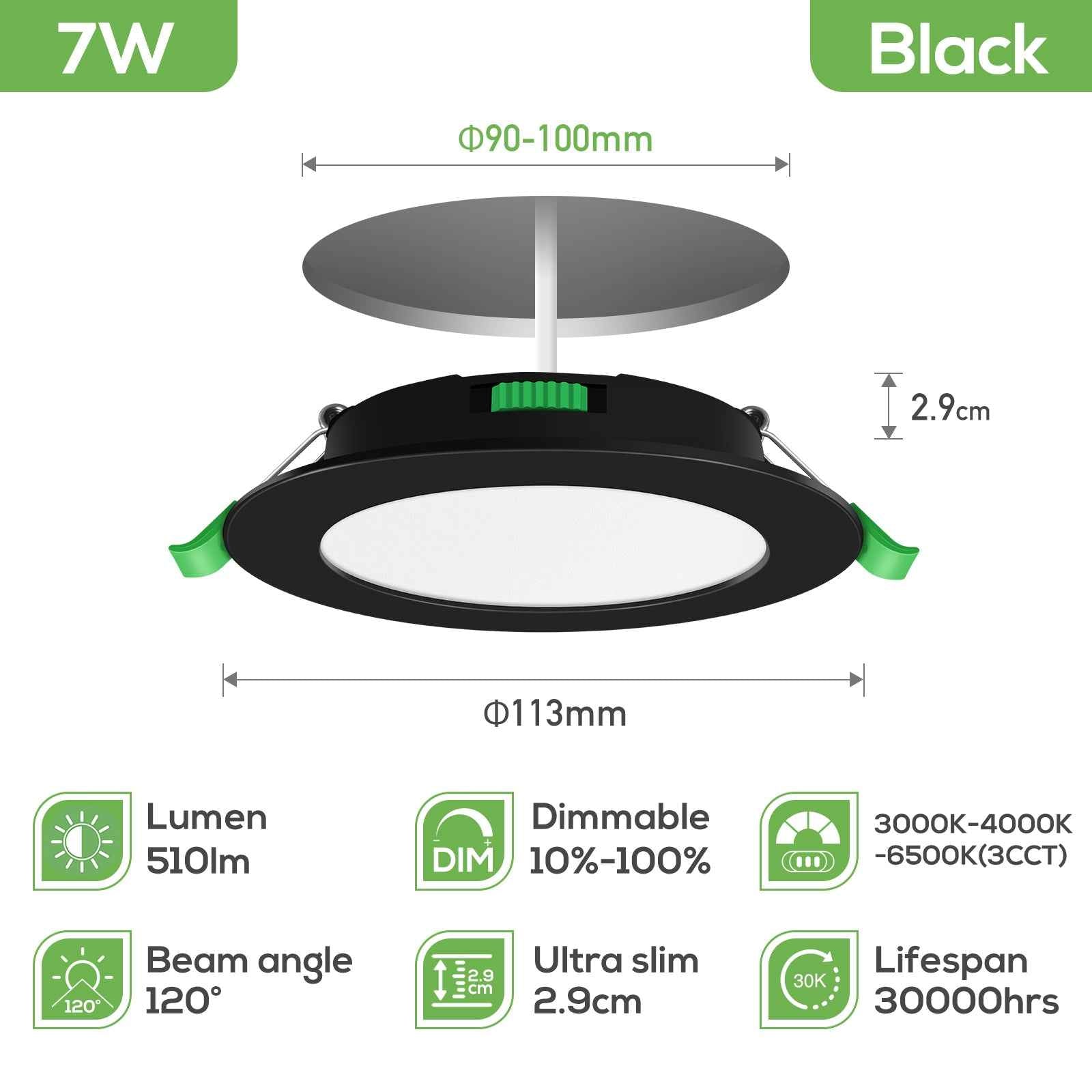 7W Black Ultra Slim LED Recessed Downlight 3CCT Dimmable IP44,Cutout 90-100mm 6 Pack - ALUSSO LIGHTING