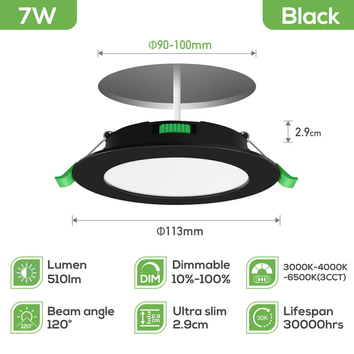 7W Black Ultra Slim LED Recessed Downlight 3CCT Dimmable IP44,Cutout 90-100mm 6 Pack