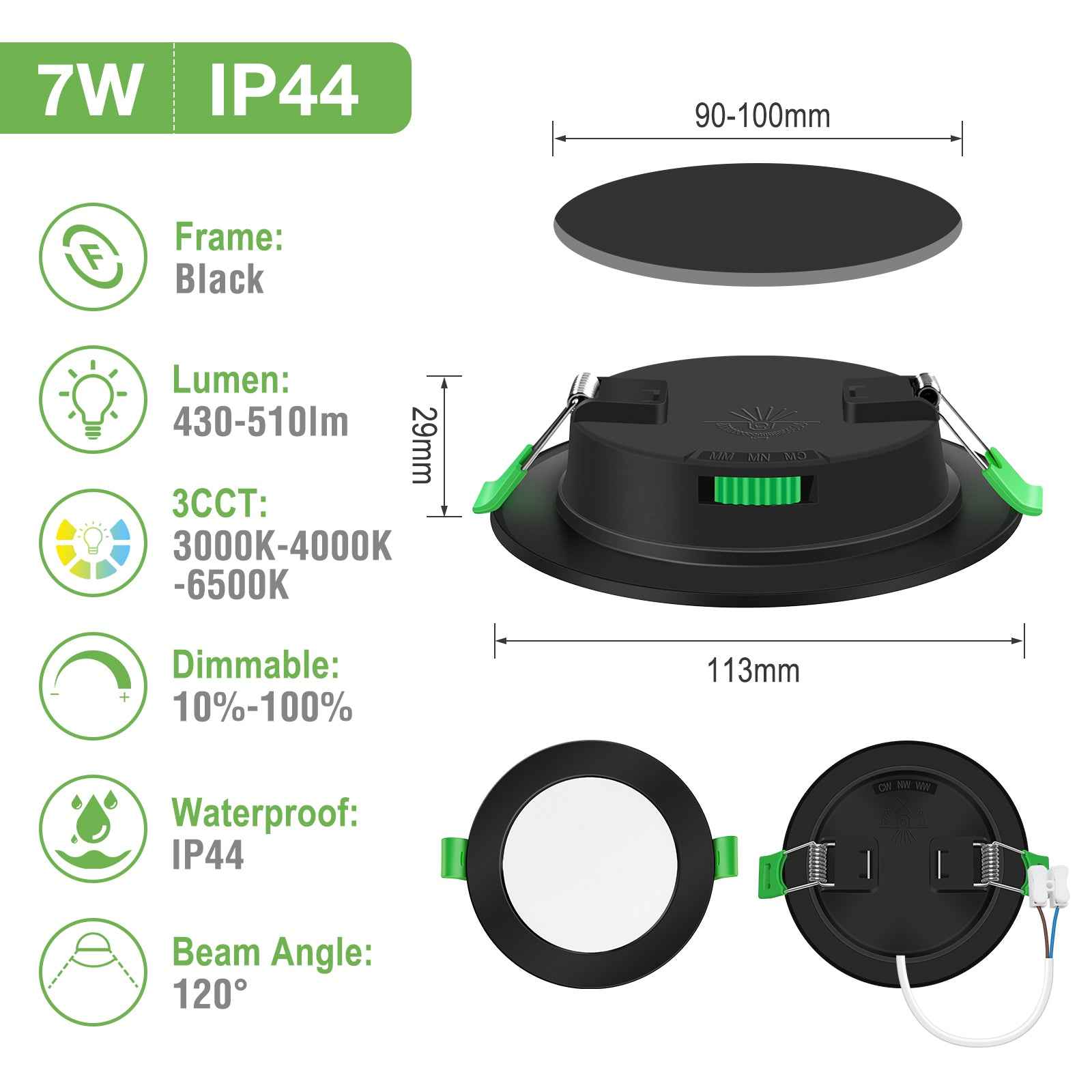 4W 5W 7W 10W 15W 22W Ultra Slim LED Downlight 55-205mm Cutout 3CCT 3000K 4000K 6500K Dimmable IP44 White/Nickel/Black Frame, 6 Pack - ALUSSO LIGHTING