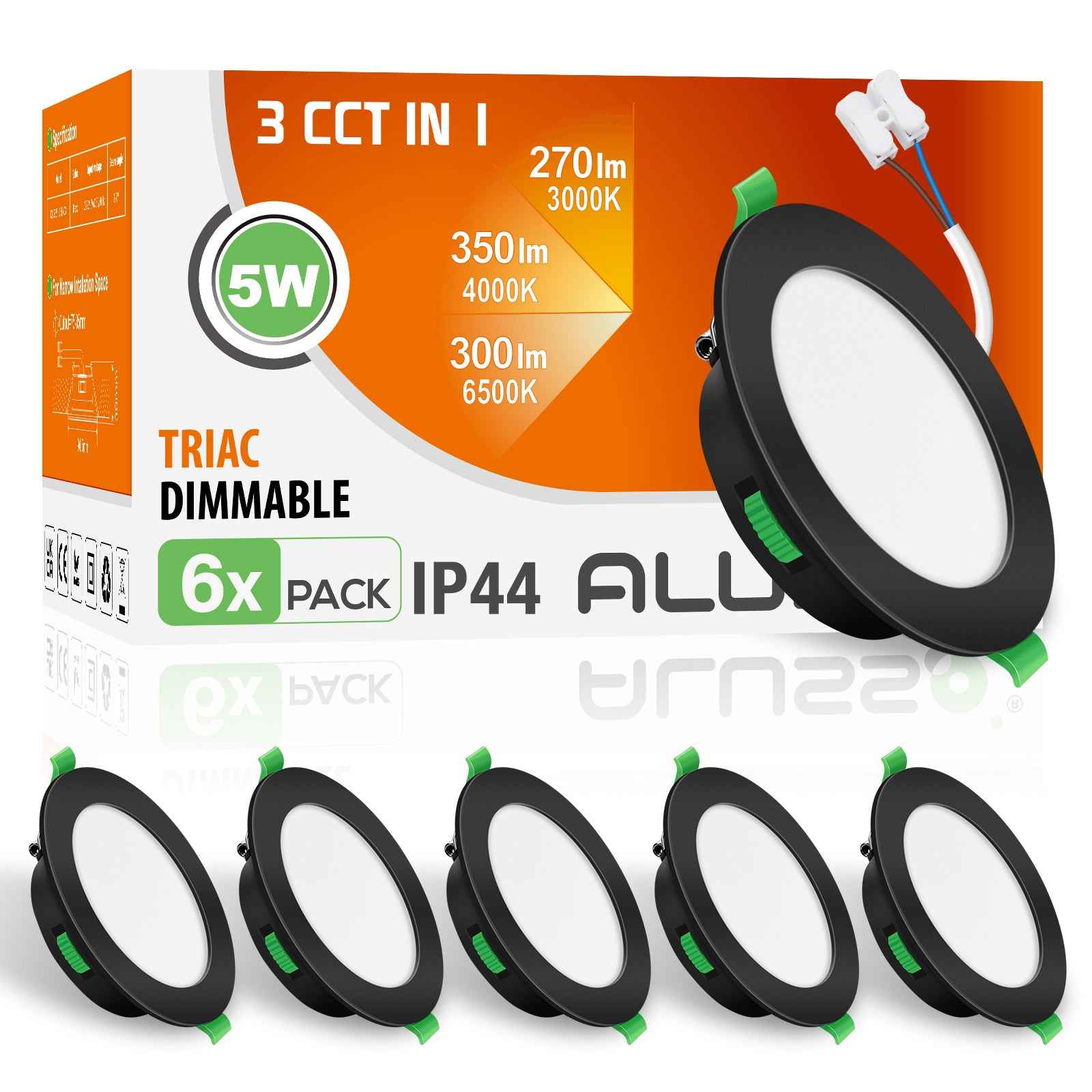 5W Black Ultra Slim LED Downlight CCT Dimmable IP44 Cutout 72-85mm 6 Pack - ALUSSO LIGHTING