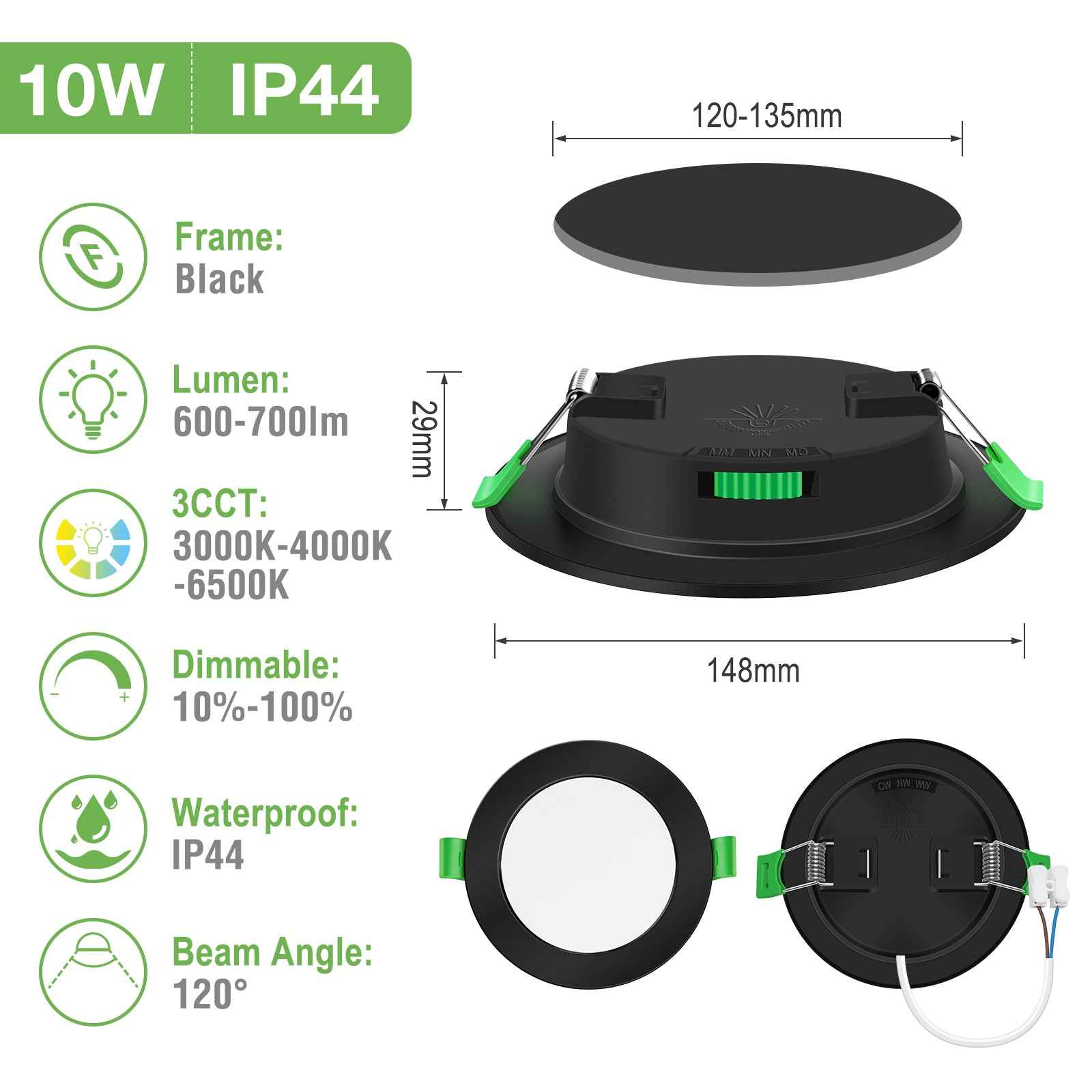 4W 5W 7W 10W 15W 22W Ultra Slim LED Downlight 55-205mm Cutout 3CCT 3000K 4000K 6500K Dimmable IP44 White/Nickel/Black Frame, 6 Pack - ALUSSO LIGHTING