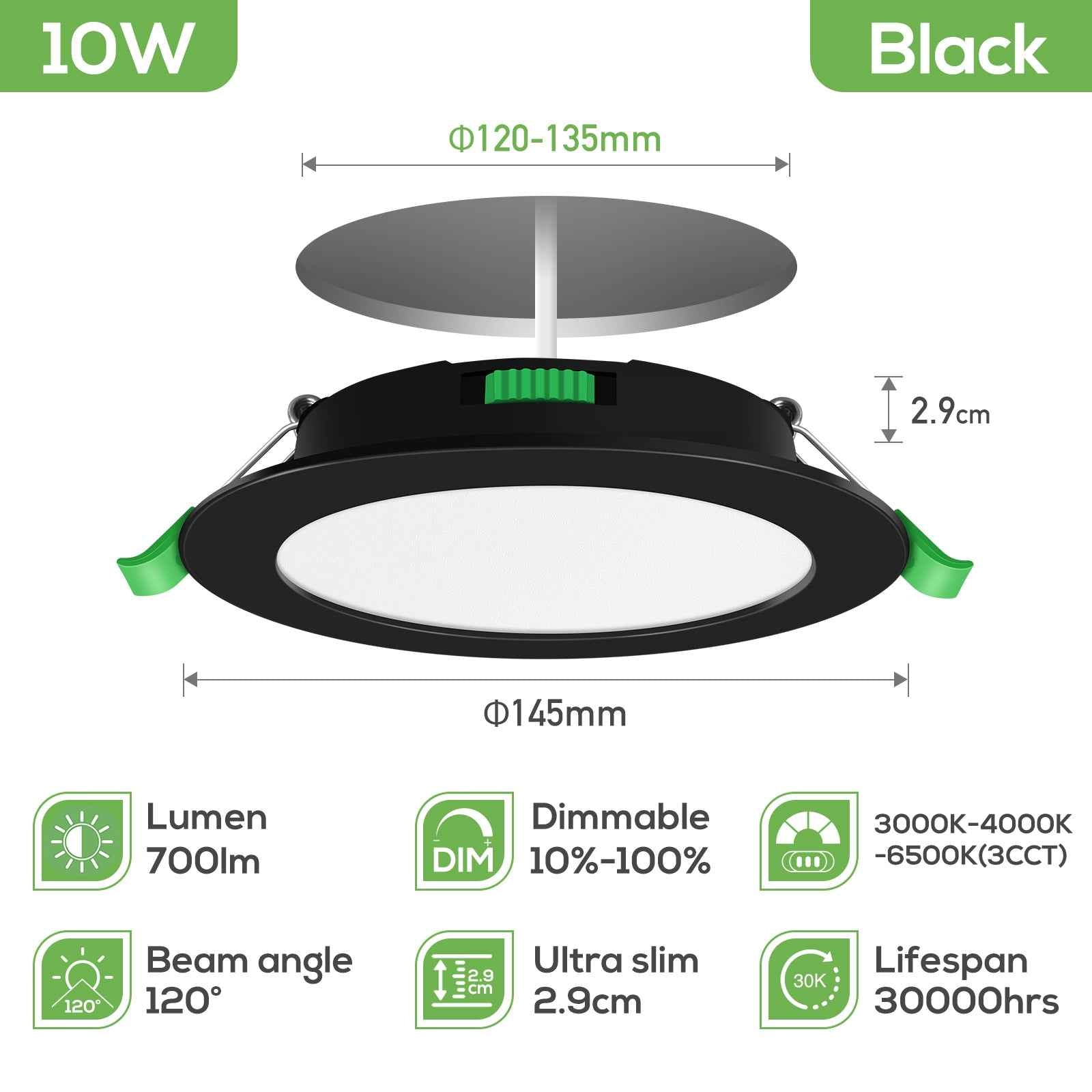 10W Black Recessed Spot Light Tri Color Dimmable IP44 Black,Cutout 120-135mm 6 Pack - ALUSSO LIGHTING