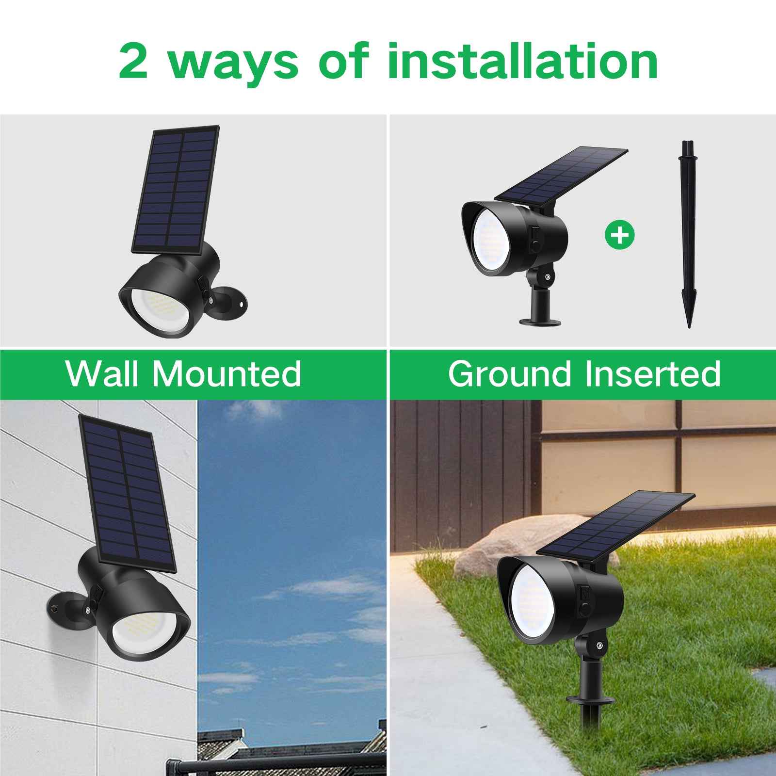 RGB LED Solar Landscape Spotlights Outdoor Wall Night Light, 19-LEDs, IP65, 2 Pack - ALUSSO LIGHTING