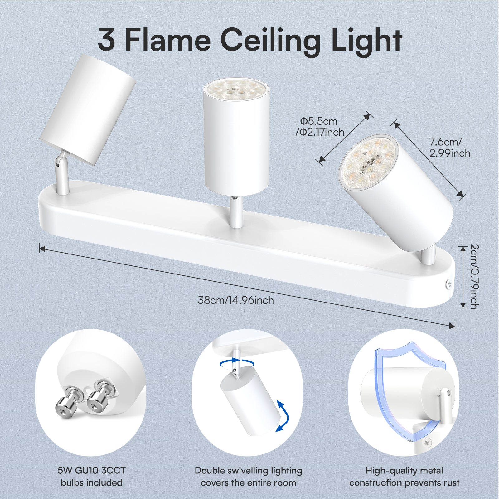 5W LED Spot Light 2-3 Heads Rotable GU10 2700K/3000K-4000K-6500K Swivelling Ceiling Track Fixture, Black
