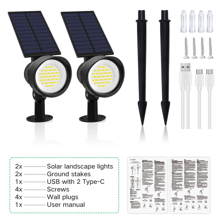 3CCT+DIM LED Solar Landscape Spotlights Outdoor Wall Night Light, 54-LEDs, IP65, 2 Pack