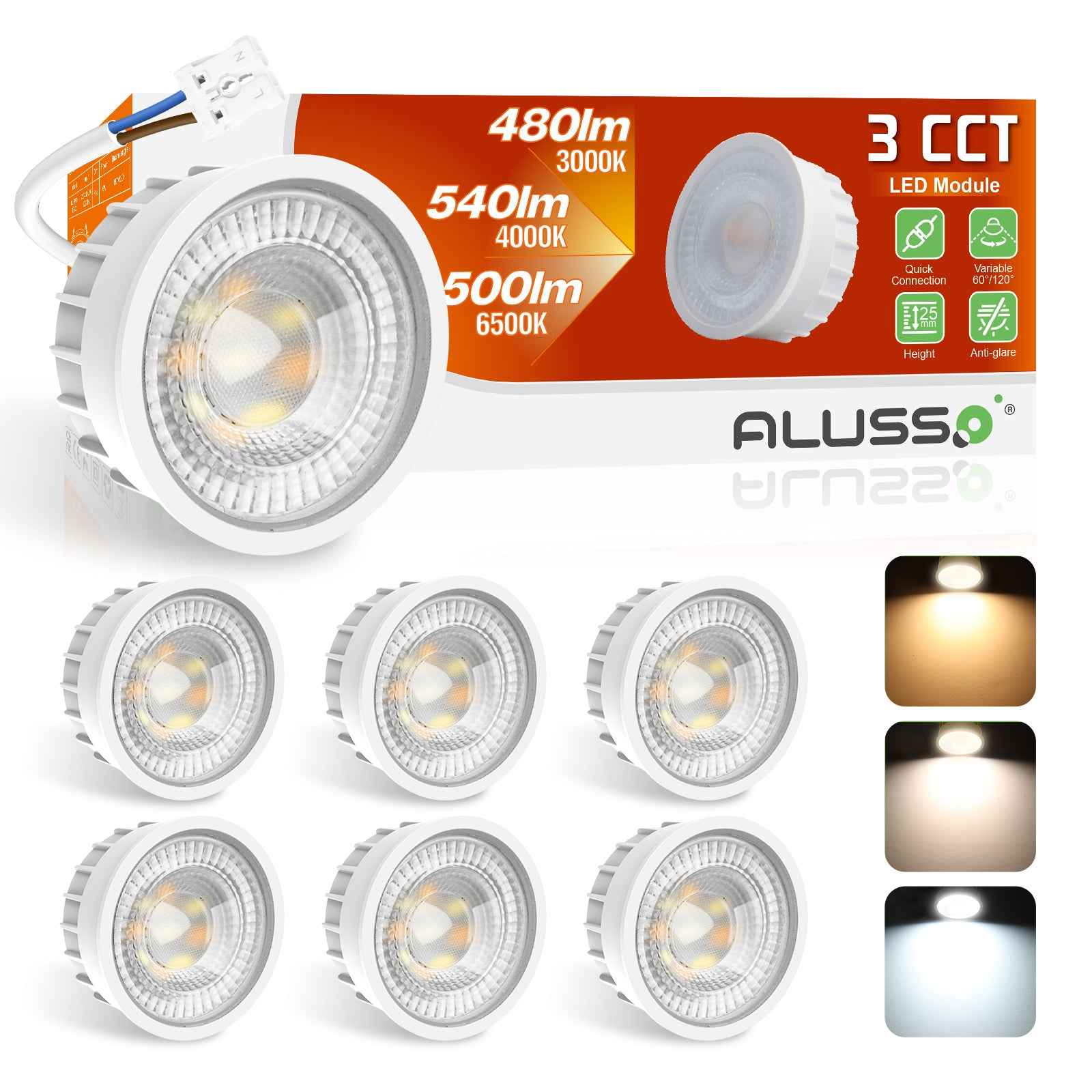 6W ∅50mm LED Module Replacement for GU10 MR16, Tri-Color, Dimmable, 60°/120° Beam Angle, IP44, 6 PACK - ALUSSO LIGHTING