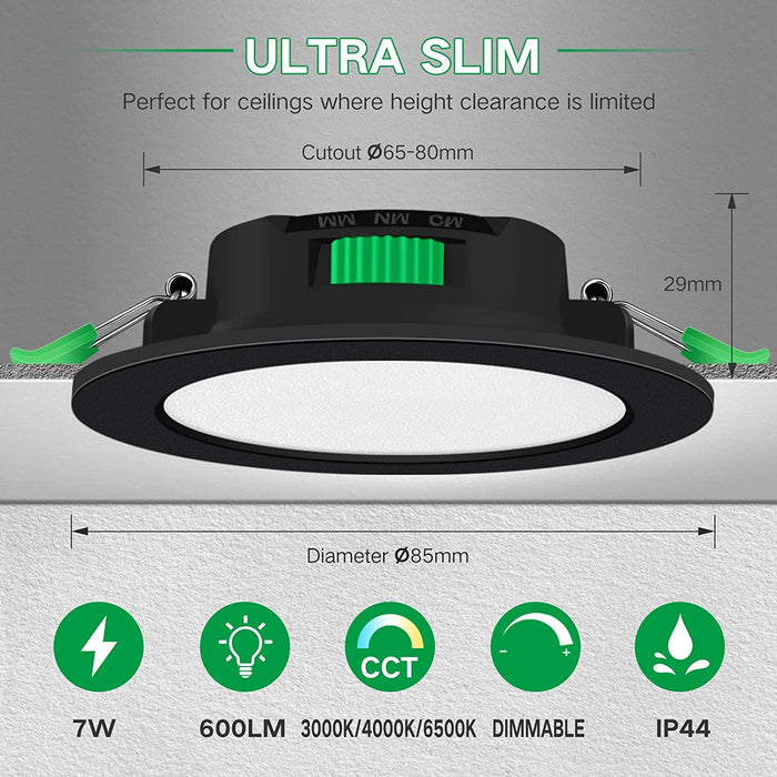 IP65 LED Downlight Cutout 67-75mm Dimmable CCT Ultra Slim, Black, 6 Pack