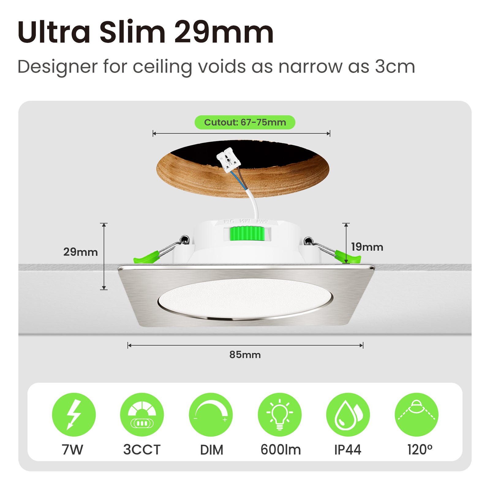 Nickel LED Recessed Ceiling Lights Square IP44 7W 67-75mm, 6 Pack