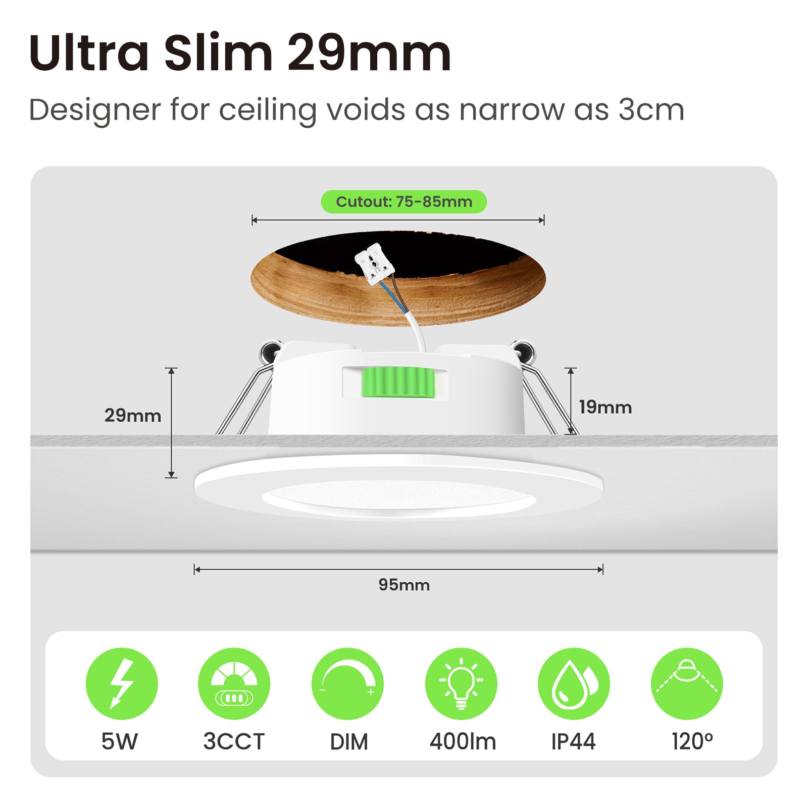 5W White Ultra Slim LED Downlight 3CCT Dimmable IP44,Cutout 72-85mm 6 Pack
