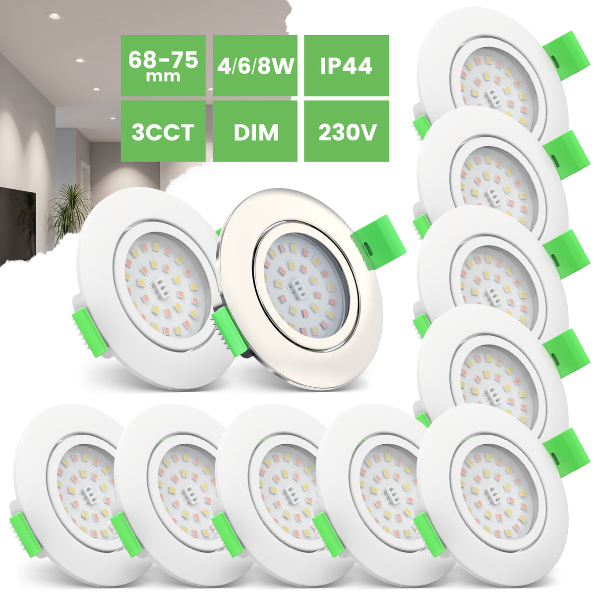 ALUSSO 3CCT LED Einbaustrahler 230V Dimmbar 4W/6W/8W IP44, Loch 68-75MM, 6er Set