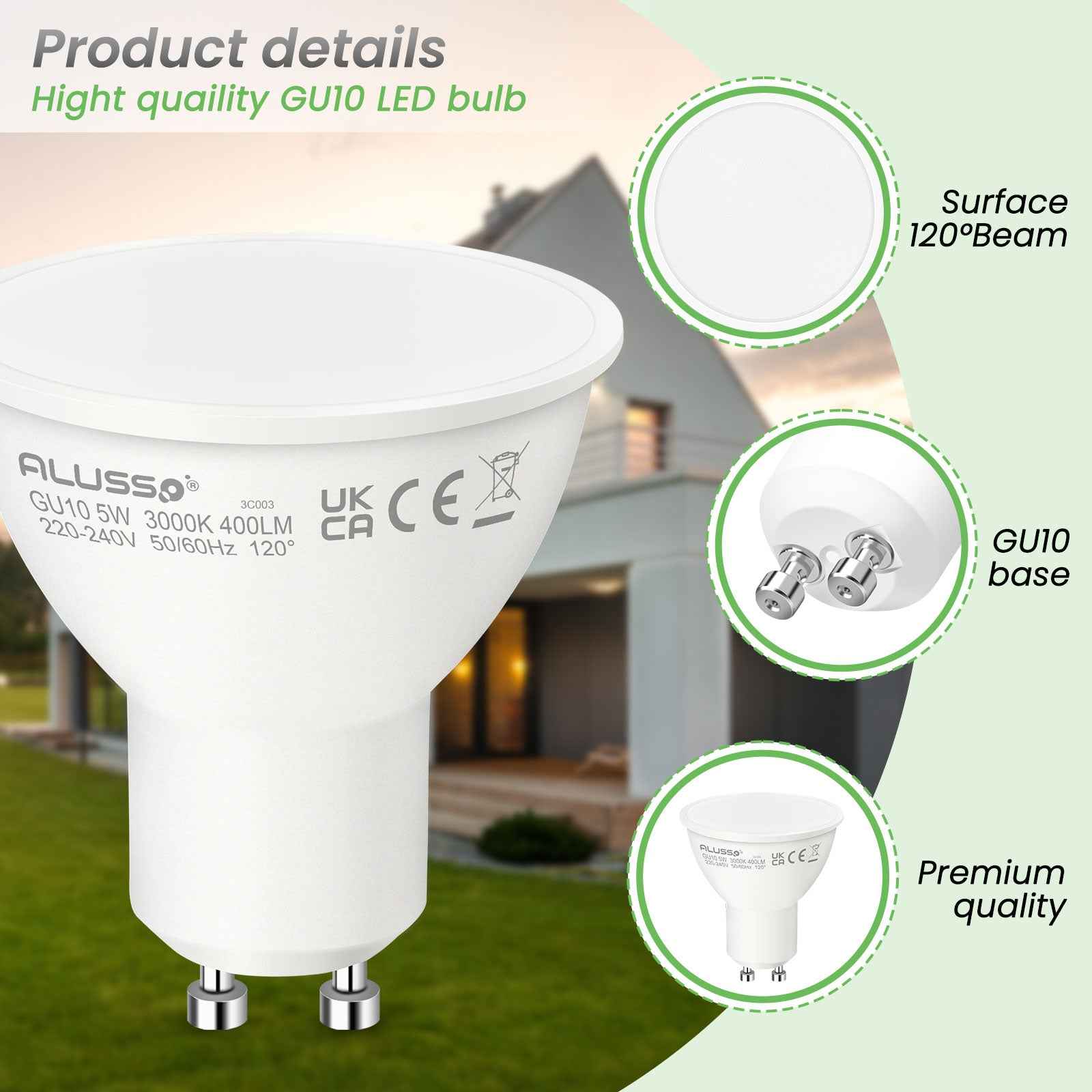 5W 7W GU10 LED Spotlight Bulb 3000K/6000K, 120° Beam Angle, 4/10 Pack - ALUSSO LIGHTING