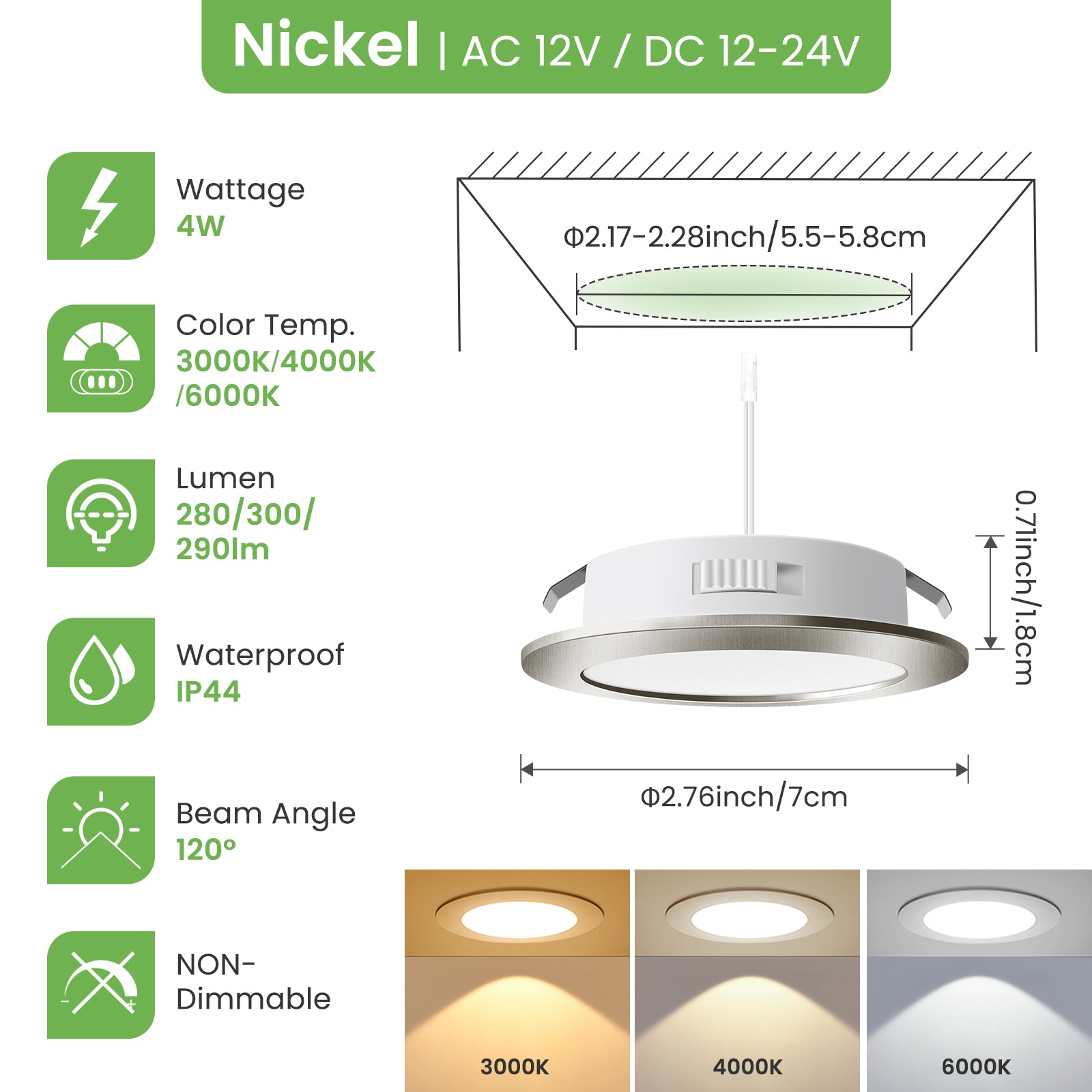 LED Recessed Spotlights 12-24V AC/DC, 3CCT 3000K 4000K 6500K 4W 400LM Recessed Lights 29mm Installation Depth, IP44 for Bathroom, Set of 6