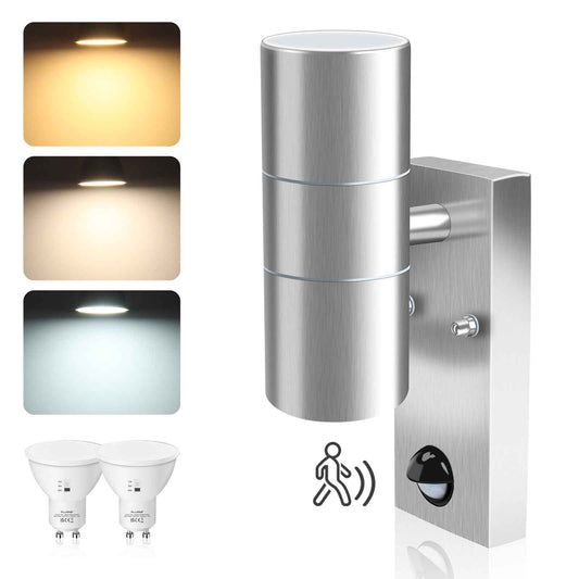 Up Down Wall Light with PIR Motion Sensor Stainless Steel IP65, 3000K/4000K/6000K, Silver - ALUSSO LIGHTING