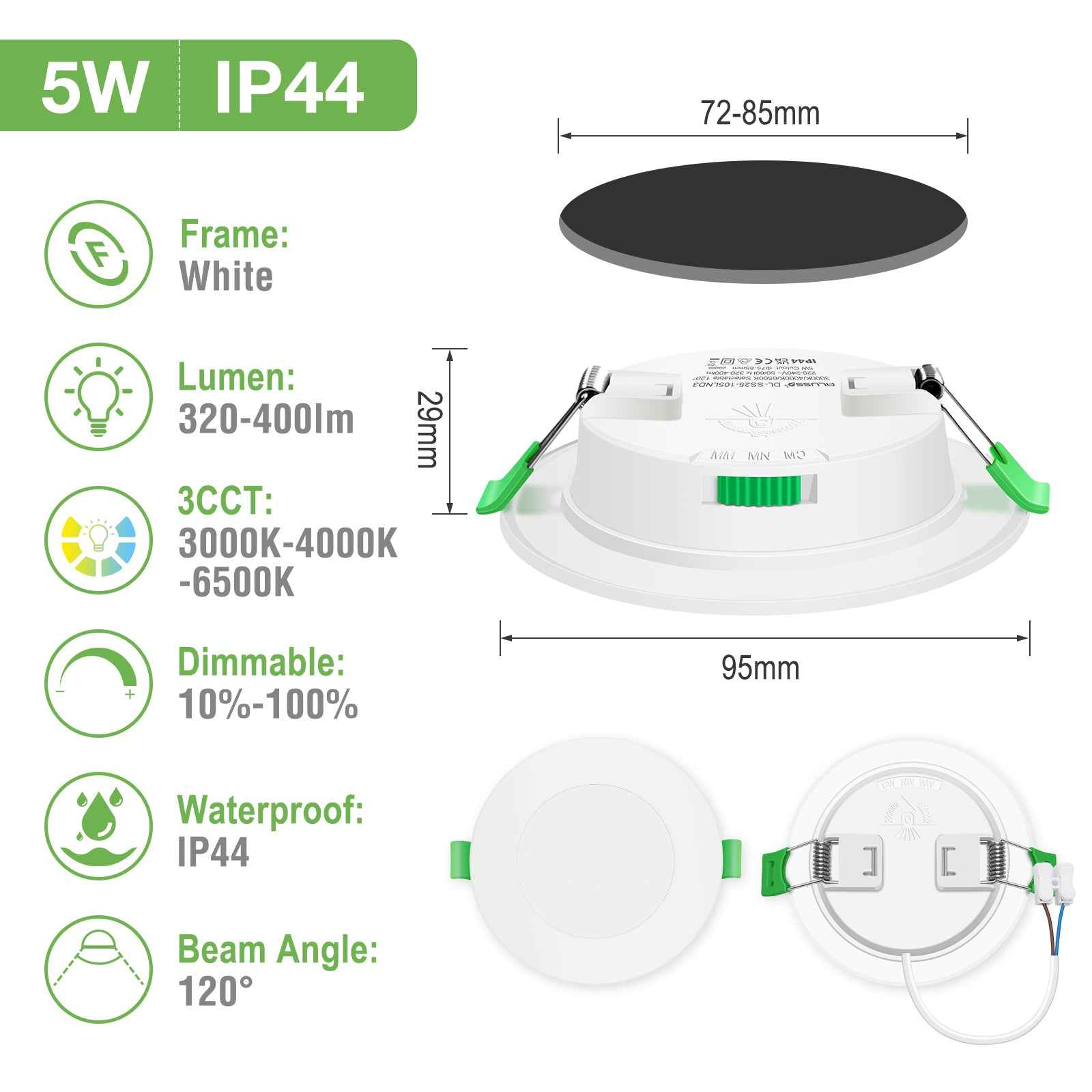 4W 5W 7W 10W 15W 22W Ultra Slim LED Downlight 55-205mm Cutout 3CCT 3000K 4000K 6500K Dimmable IP44 White/Nickel/Black Frame, 6 Pack - ALUSSO LIGHTING