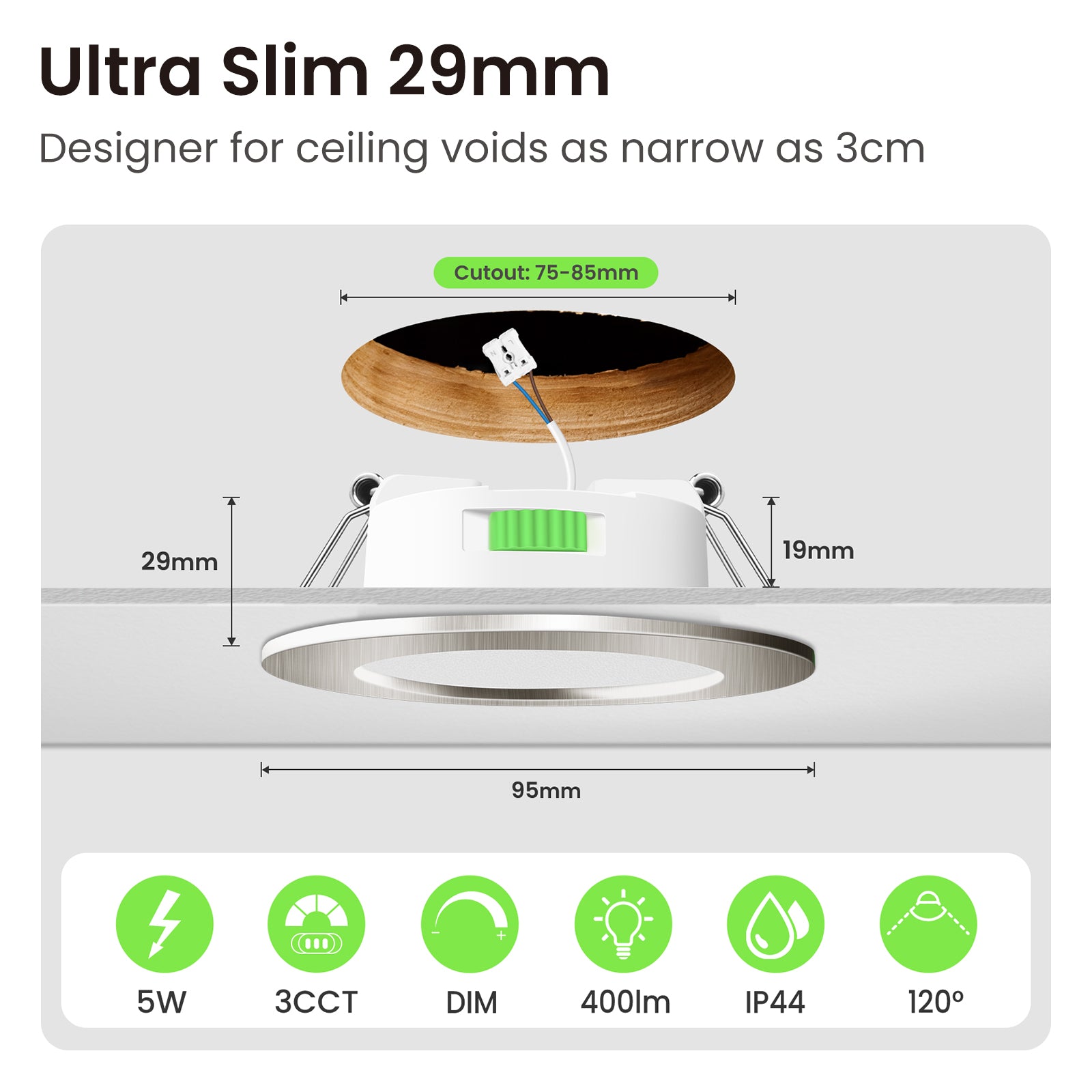 5W Nickel Ultra Slim LED Downlight 3CCT Dimmable IP44,Cutout 72-85mm 6 Pack