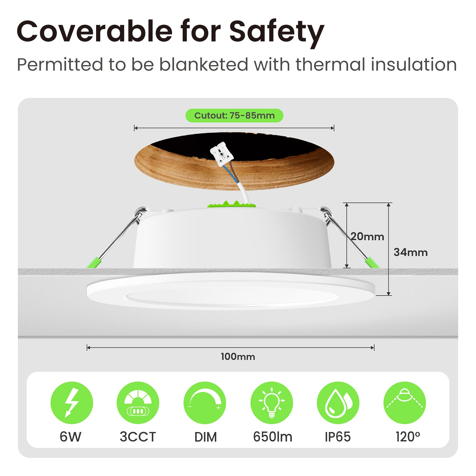 6W 8W ∅75-85mm Recessed Led Ceiling Lights 850lm High Bright, Tri-Color, Dimmable, IP44/IP65, 6 PACK
