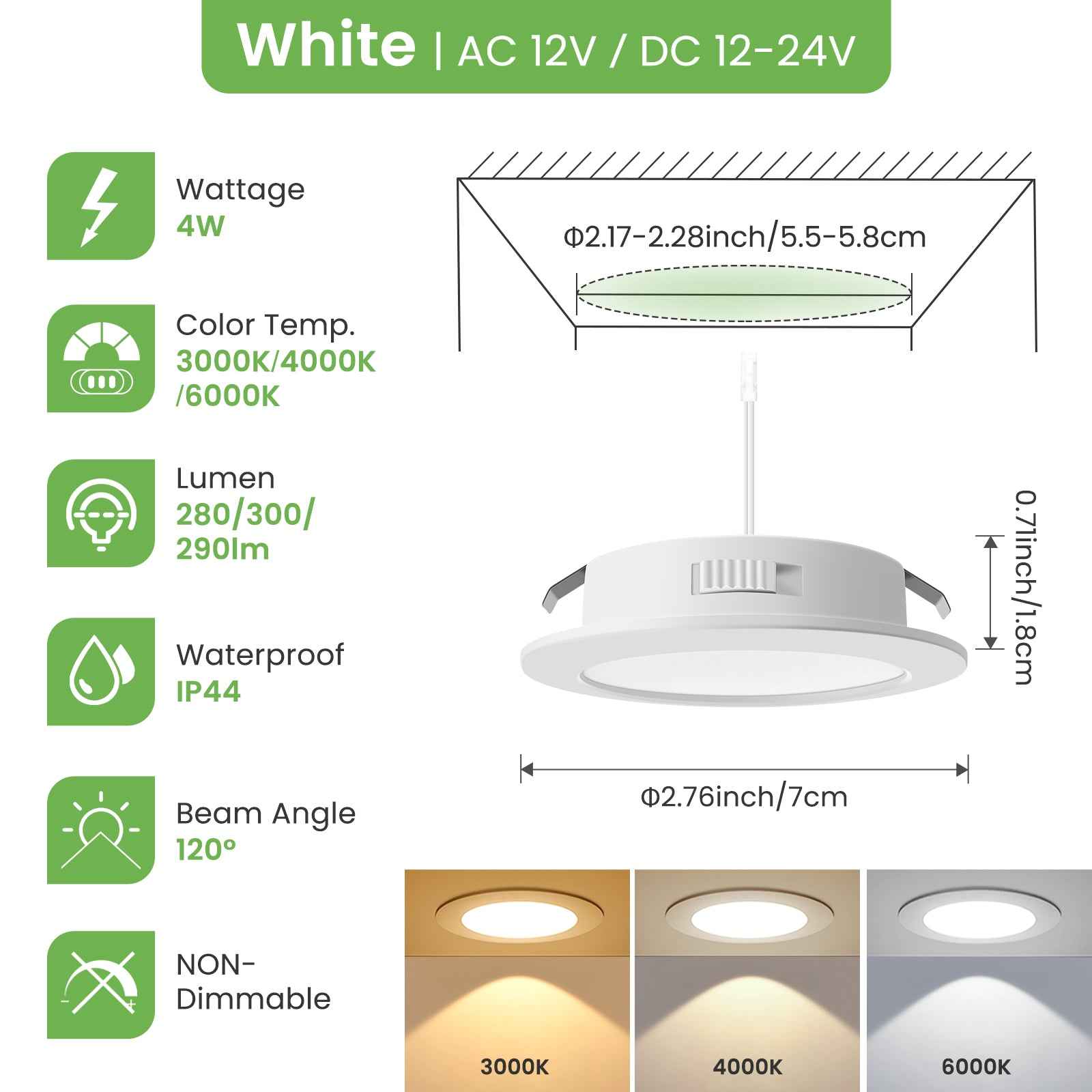 Upgraded 12V-24V RV 4W LED Recessed Spotlight 3CCT, IP44, Cutout 55-58mm, 6 Pack, White / Nickel - ALUSSO LIGHTING