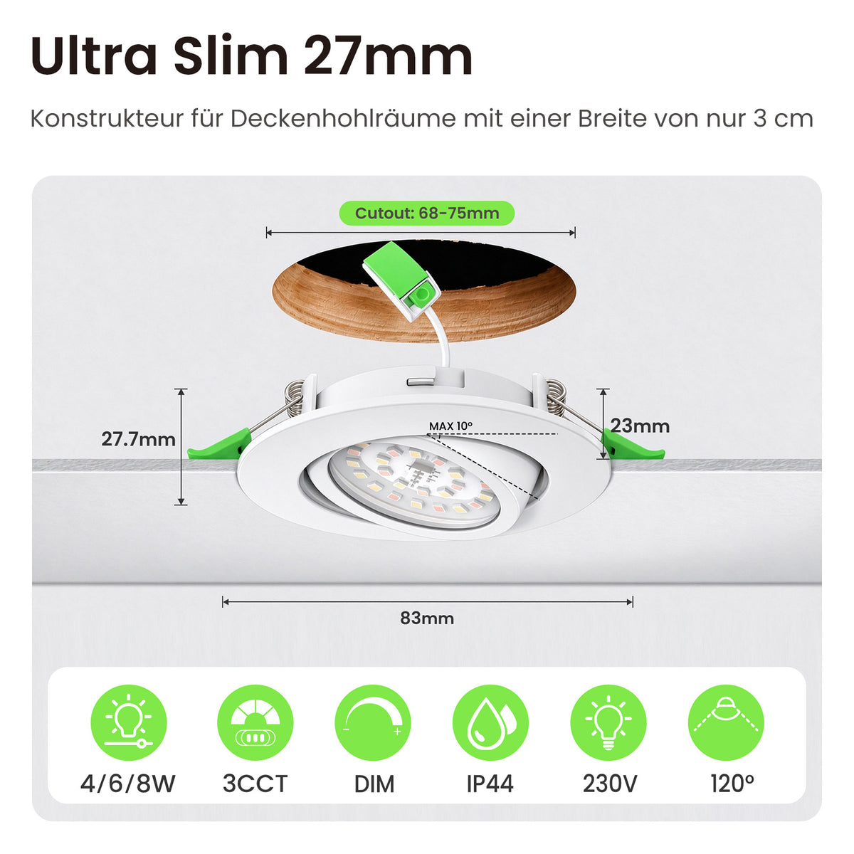 ALUSSO 3CCT LED Einbaustrahler 230V Dimmbar 4W/6W/8W IP44, Loch 68-75MM, 6er Set