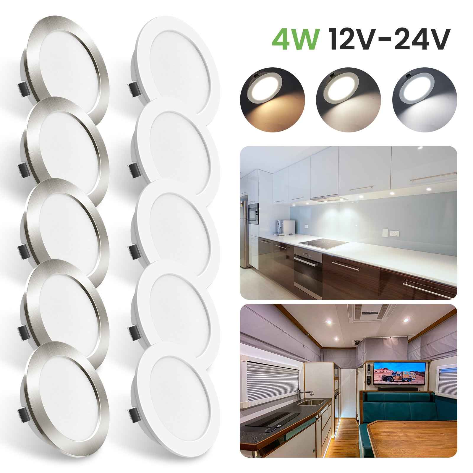 Upgraded 12V-24V RV 4W LED Recessed Spotlight 3CCT, IP44, Cutout 55-58mm, 6 Pack, White / Nickel - ALUSSO LIGHTING