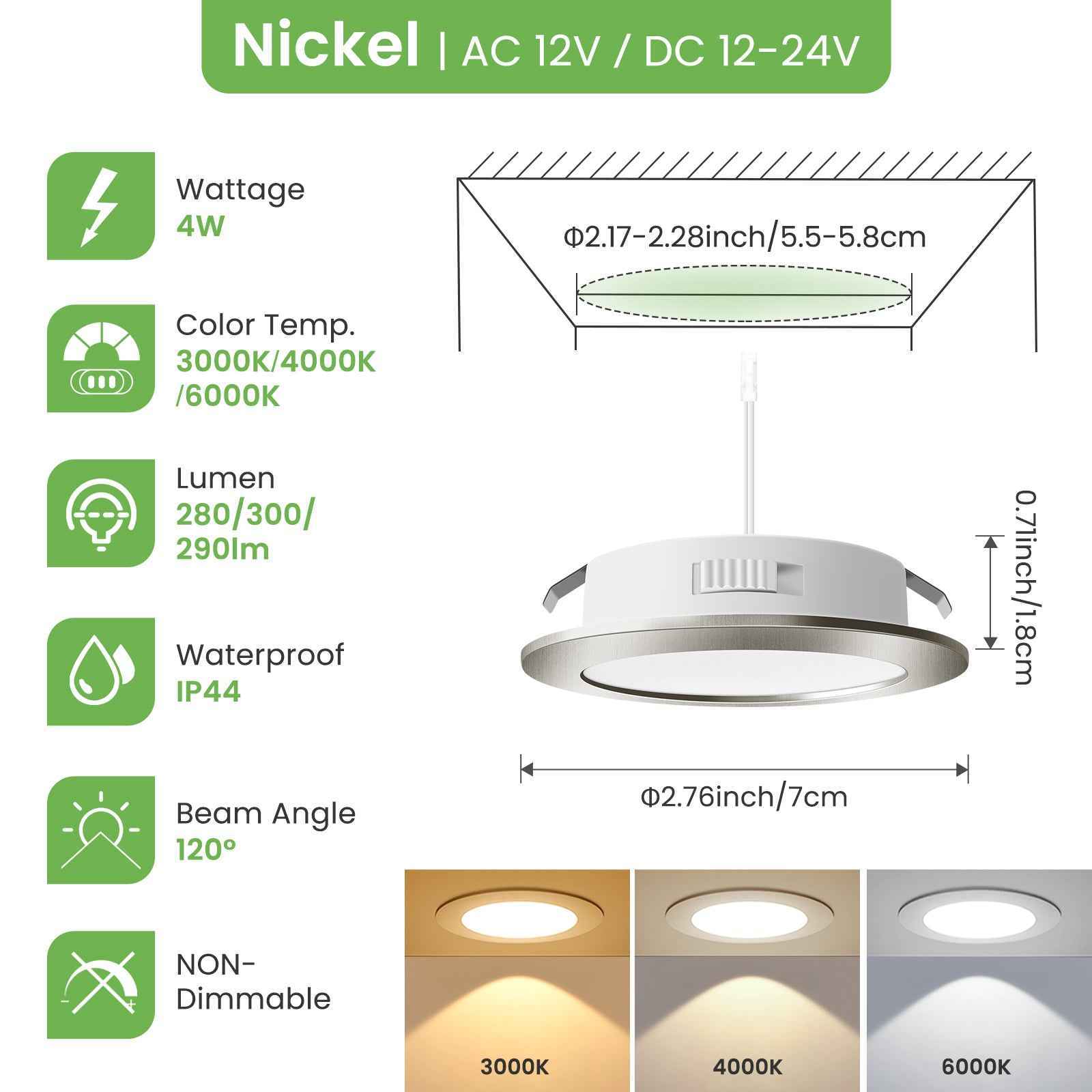 LED Recessed Spotlights 12V AC/DC, 3CCT 3000K 4000K 6500K 4W 400LM Recessed Lights 29mm Installation Depth, IP44 for Bathroom, Set of 6&nbsp; - ALUSSO LIGHTING