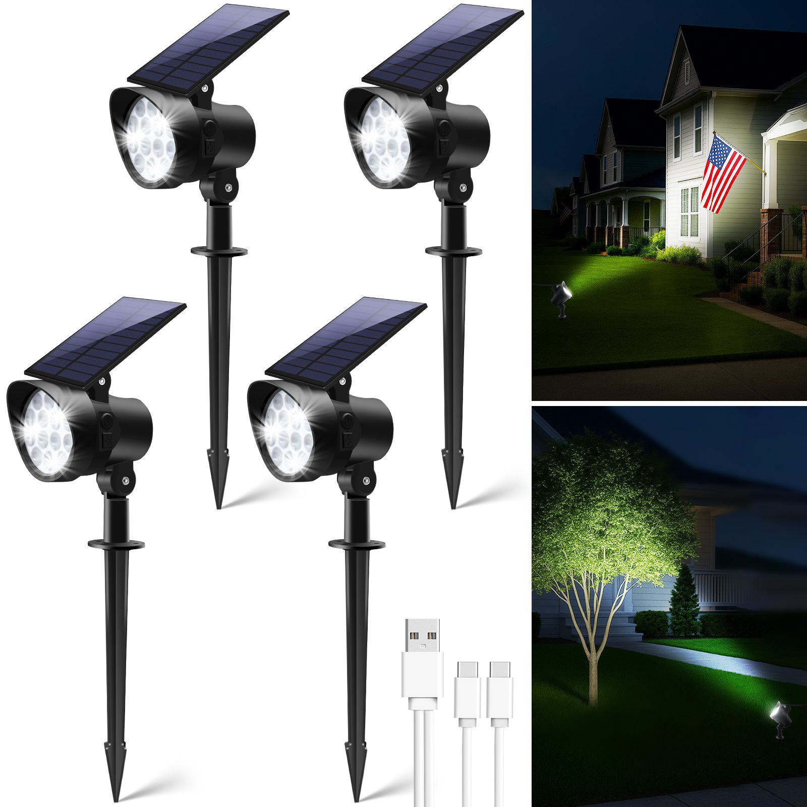 ALUSSO RGB Solar Spotlights Outdoor Motion Sensor, 3CCT Dimmable, IP65 Waterproof Landscape Lighting for Outside Yard Pathway Garden, 4 Pack