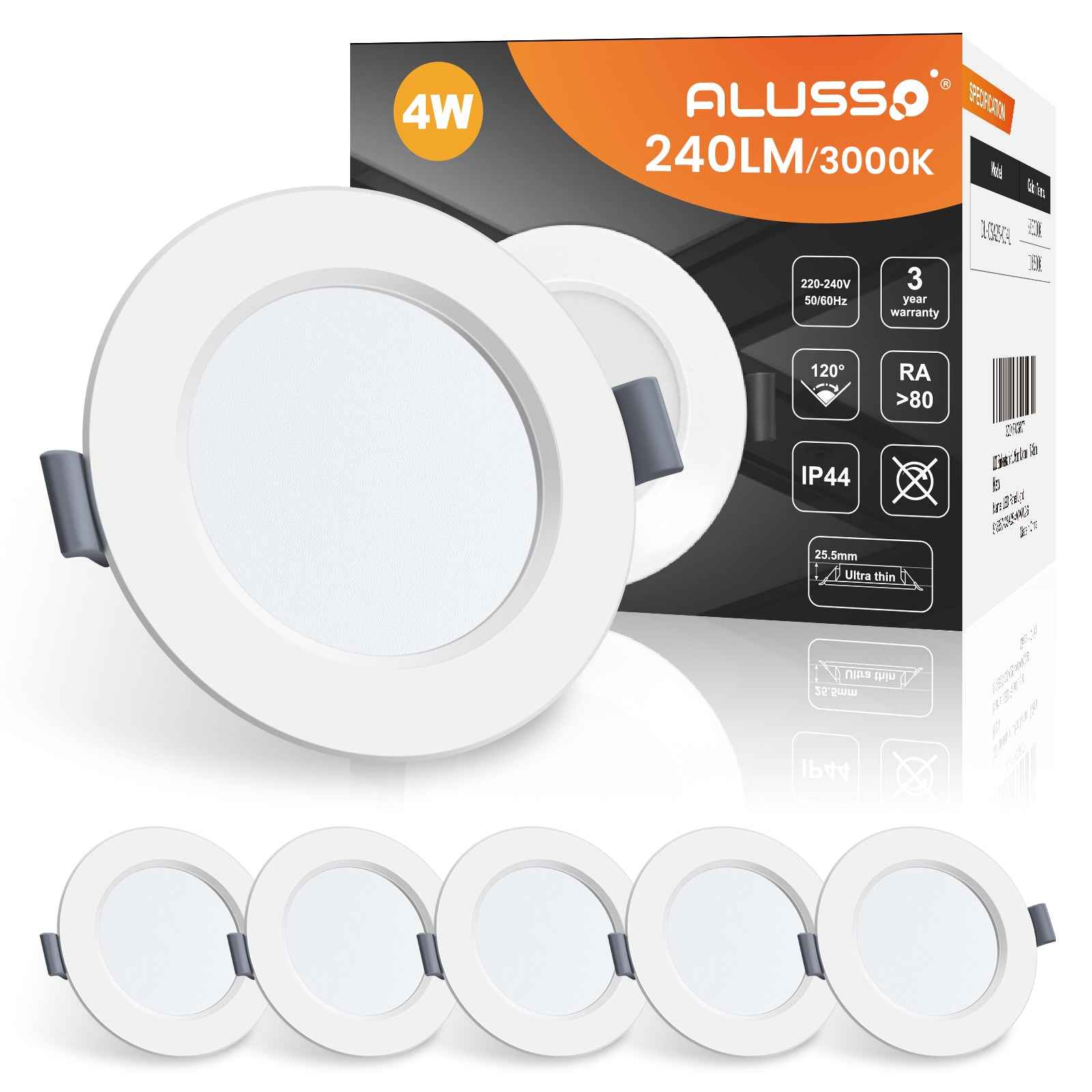 4W Ø75-90mm LED Recessed Ceiling Lights Utral Slim, Warm White 3000K, IP44, 6 Pack - ALUSSO LIGHTING