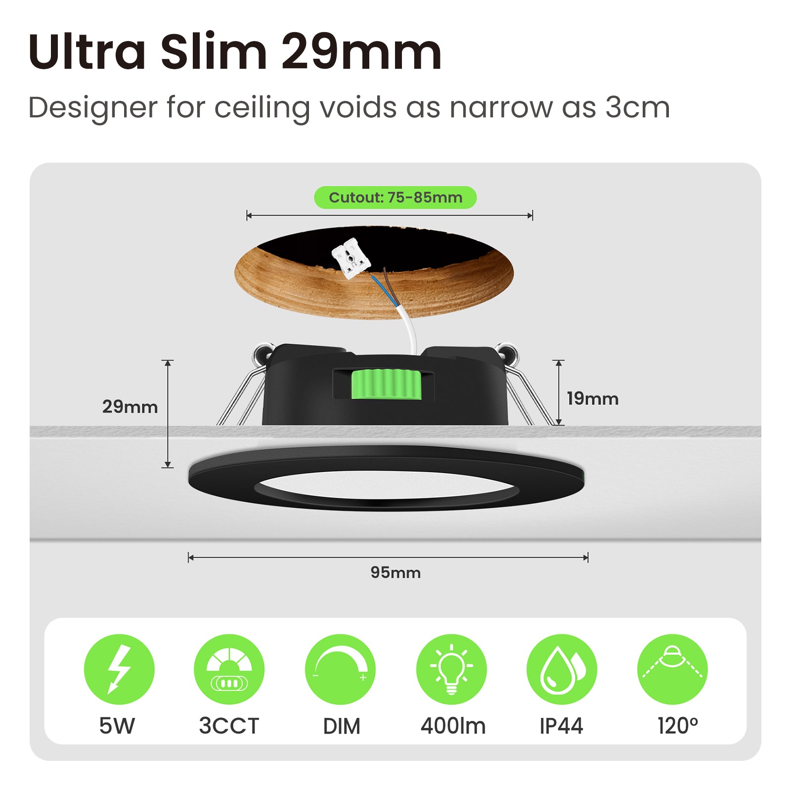 5W Black Ultra Slim LED Downlight CCT Dimmable IP44 Cutout 72-85mm 6 Pack