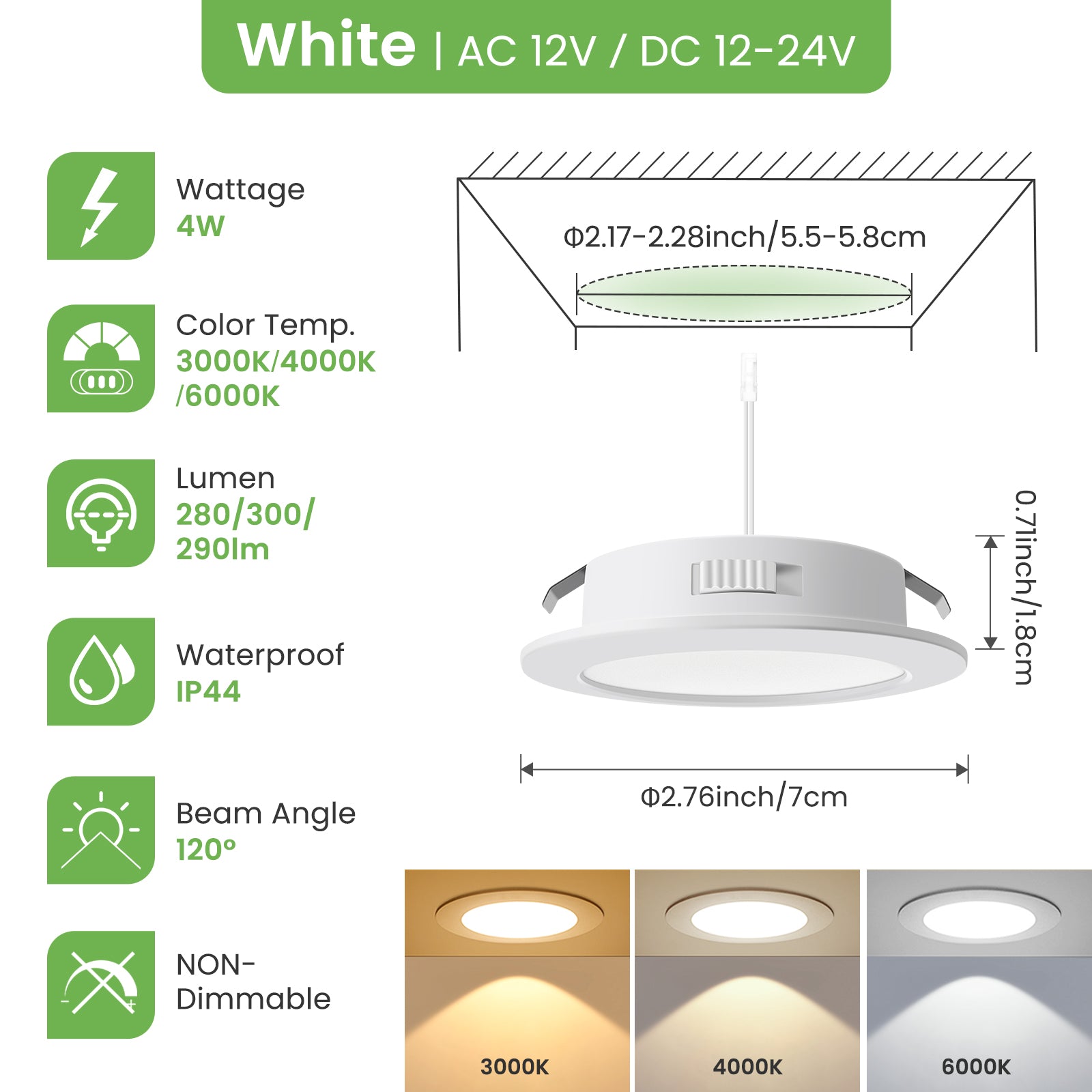 LED Recessed Spotlights 12-24V AC/DC, 3CCT 3000K 4000K 6500K 4W 400LM Recessed Lights 29mm Installation Depth, IP44 for Bathroom, Set of 6