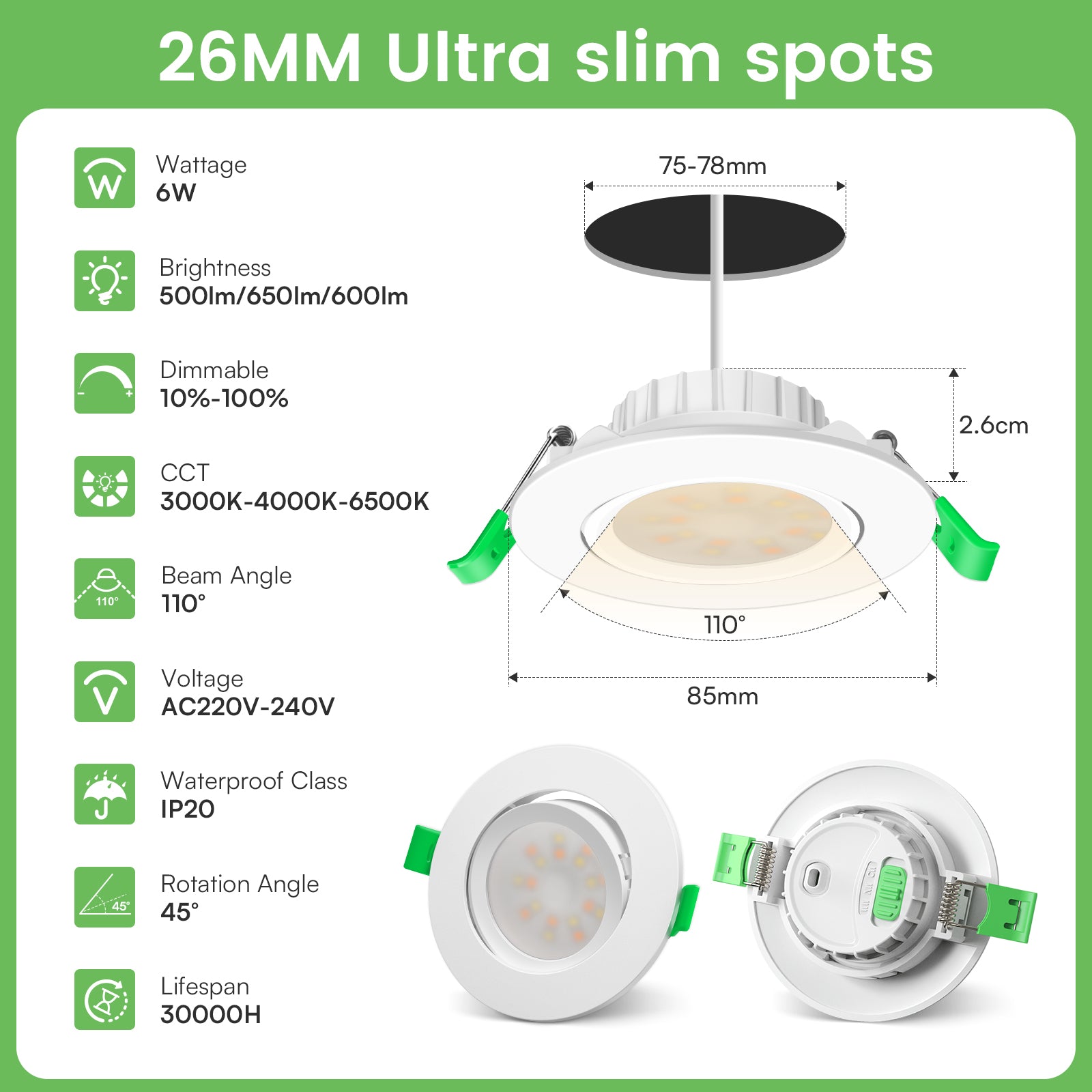 6W ∅75-78mm Swiveling White Recessed Led Ceiling Lights Tilt Angle, Tri-Color, Dimmable, 60°/120° Variable Beam Angle, IP20, 6 PACK