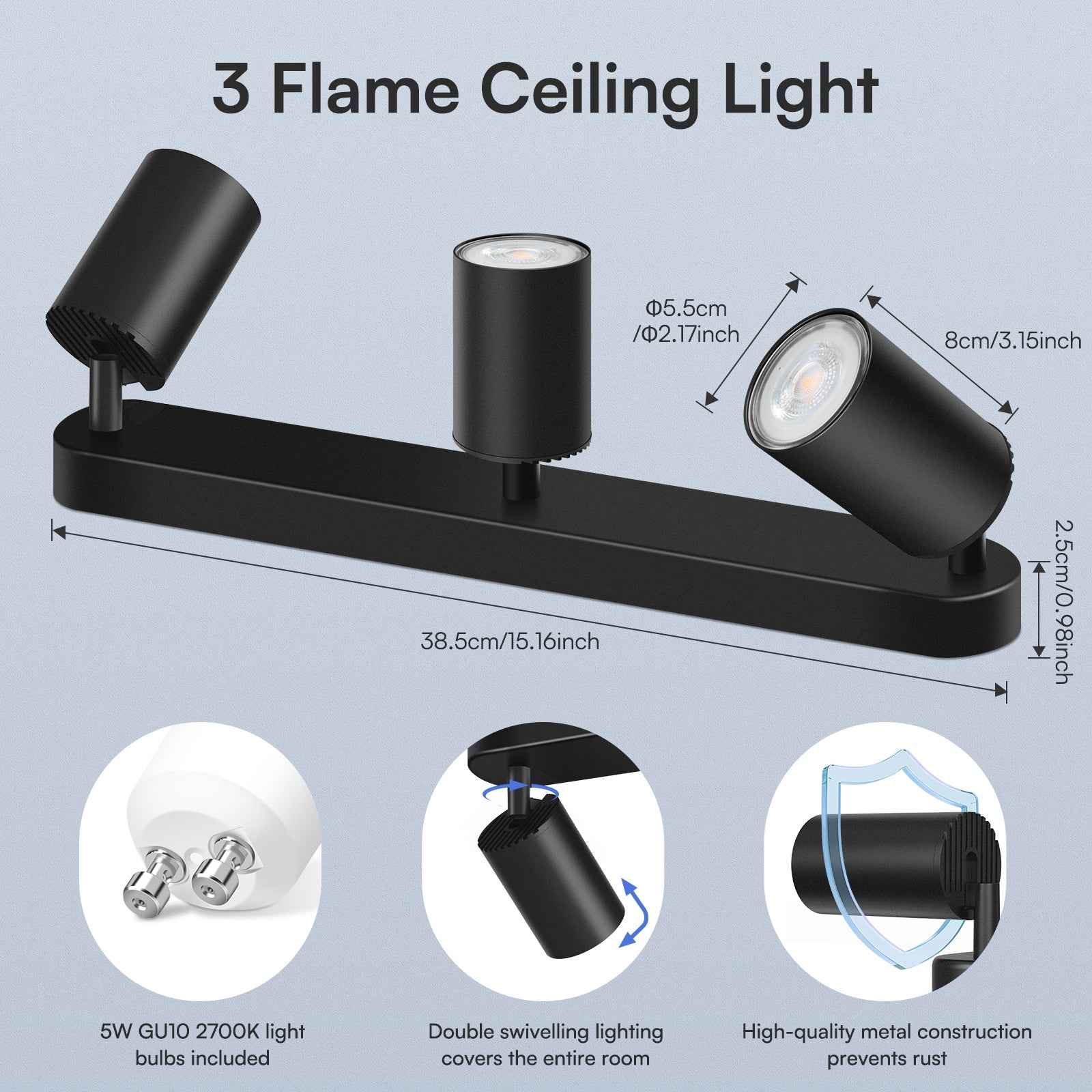 5W LED Spot Light 2-3 Heads Rotable GU10 2700K Swivelling Ceiling Track Fixture, Black - ALUSSO LIGHTING