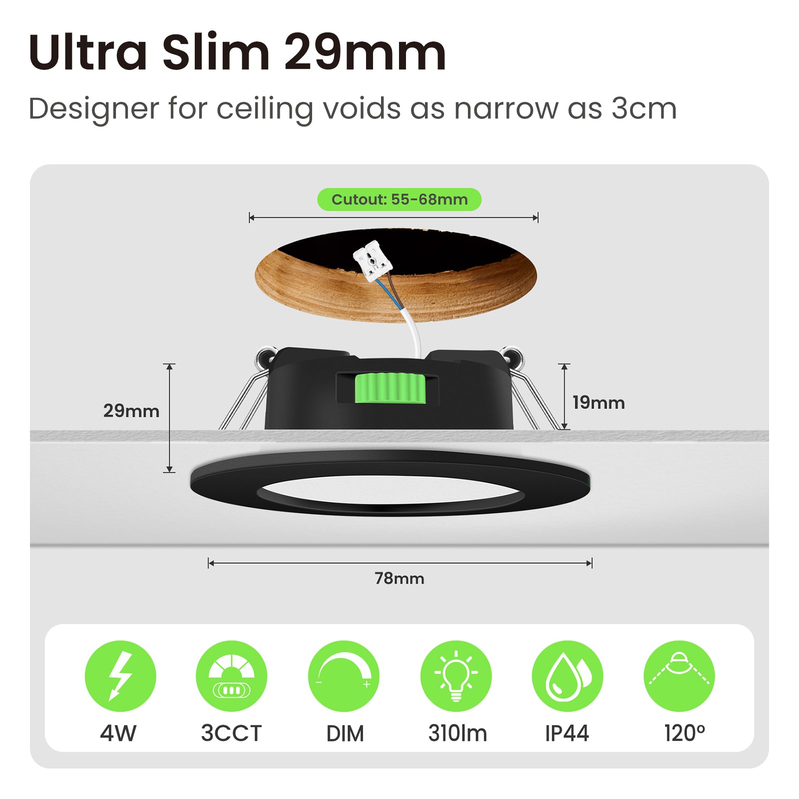 4W Black Recessed Spot Light Tri Color Dimmable IP44 Black,Cutout 55-68mm 6 Pack