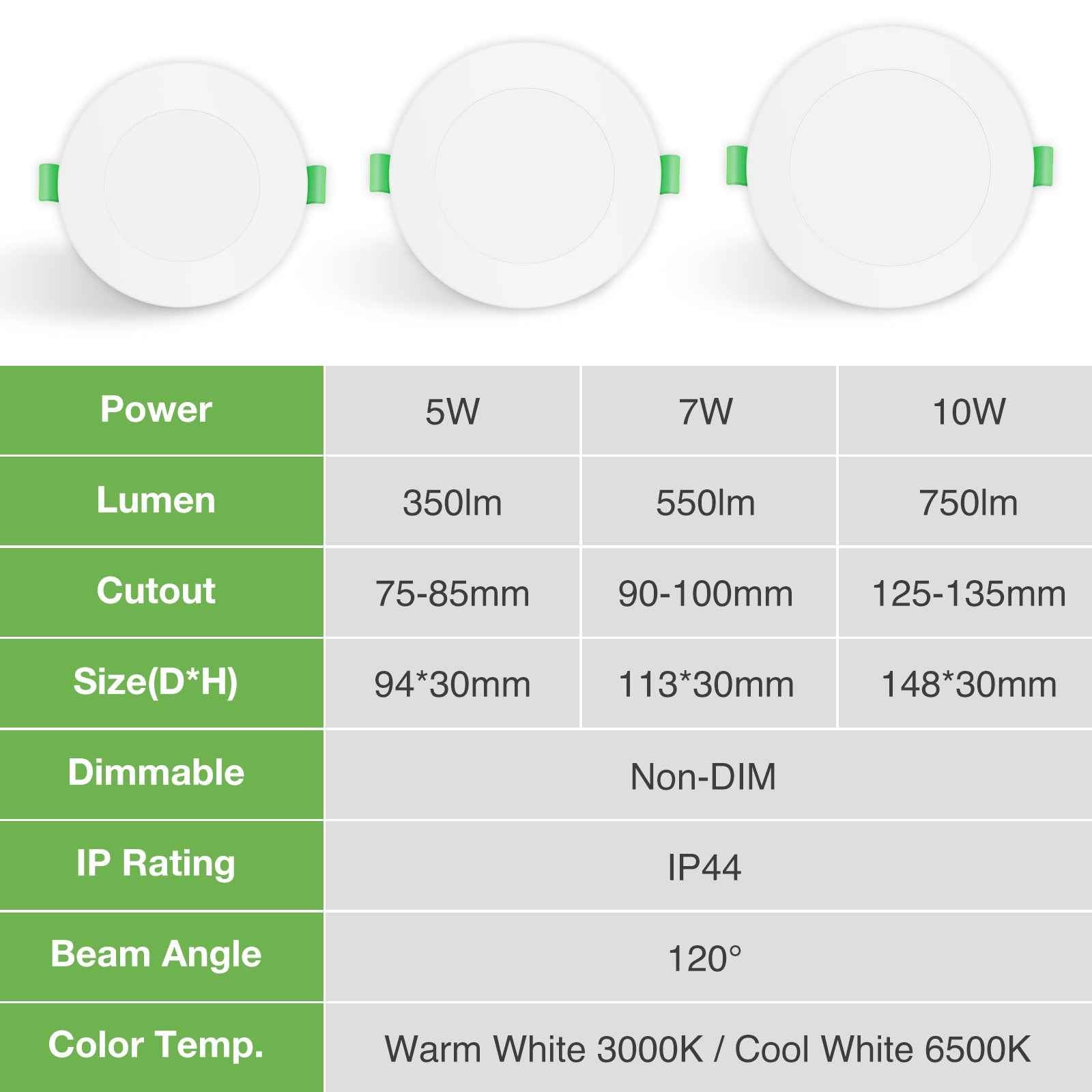 5W/7W/10W Ultra Slim LED Downlight 3000K / 4500K / 6500K IP44,Cutout 75-135mm 6 Pack - ALUSSO LIGHTING