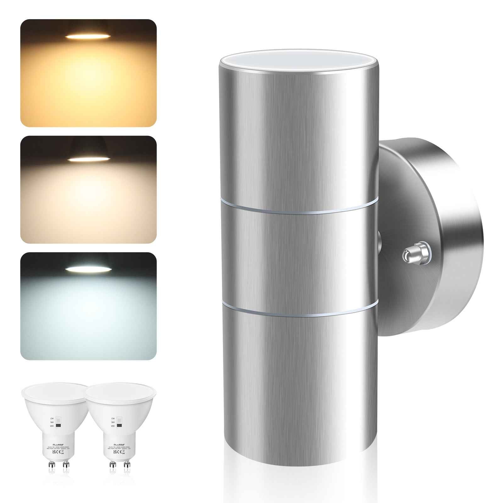 8W 750LM Outdoor Stainless Steel Up Down Wall Light IP65, 3000K/4000K/6000K, Silver - ALUSSO LIGHTING