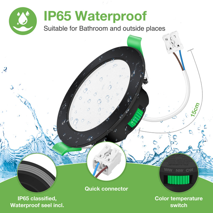10pcs Black Recessed LED Ceiling Lights 5.5W Dimmbale 67-75mm Cutout IP65 Waterproof