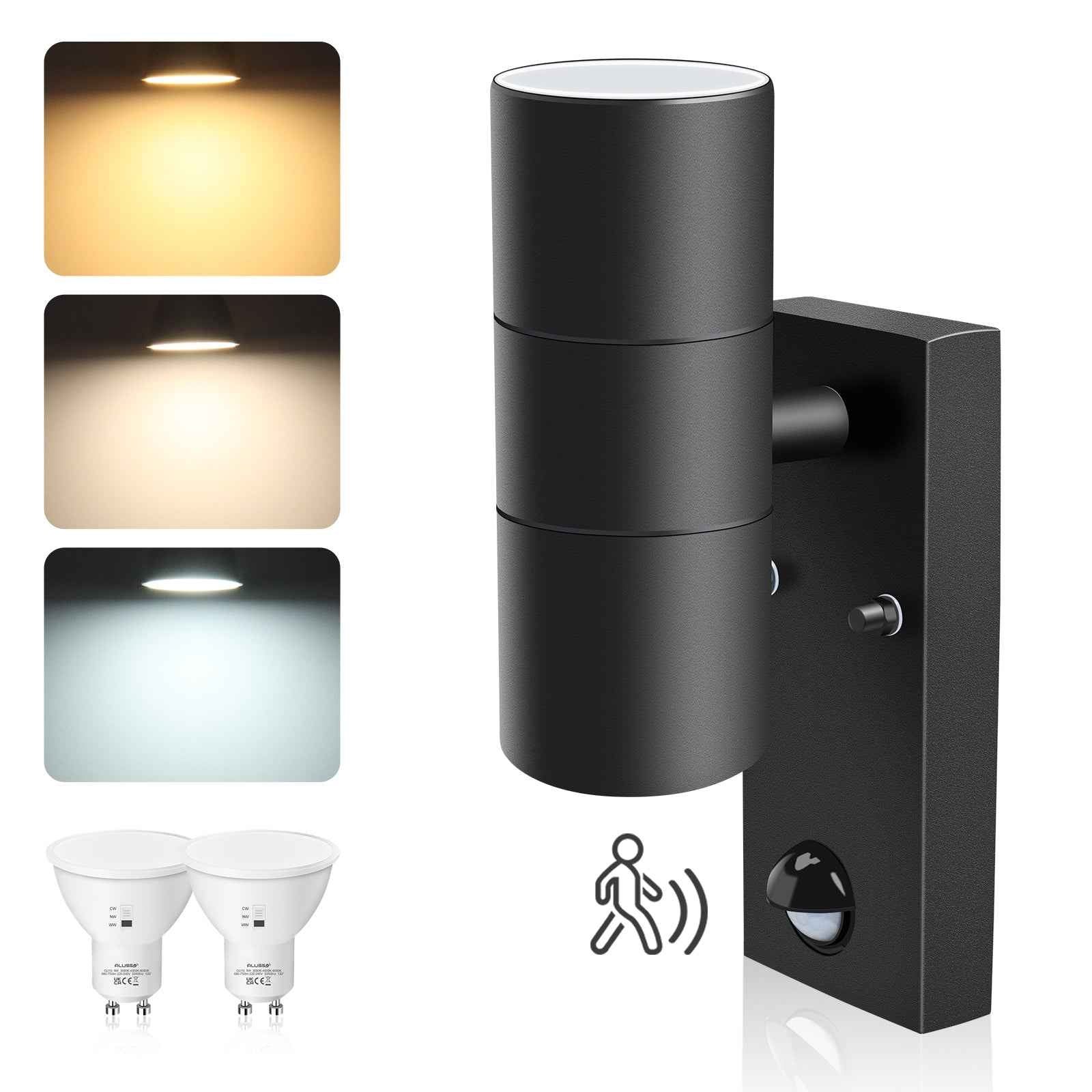 Up Down Wall Light with PIR Motion Sensor Stainless Steel IP65, 3000K/4000K/6000K, Black - ALUSSO LIGHTING