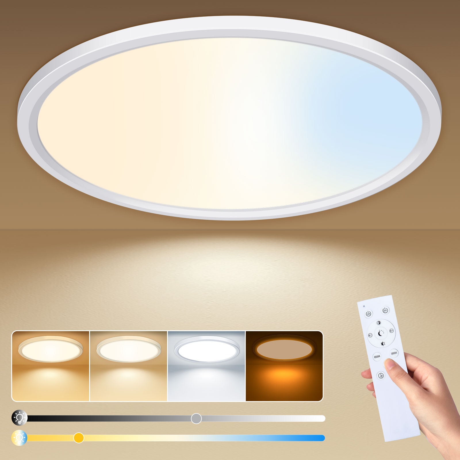 LED Ceiling Light with Remote Control, 3CCT IP44 Panel Light for Bedroom Living Room