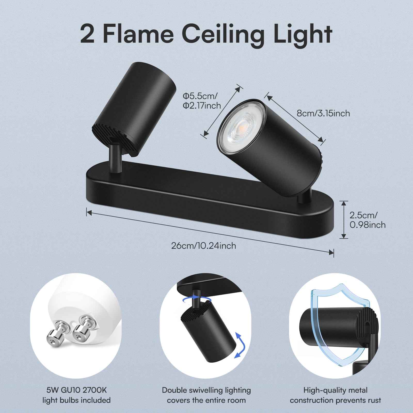 5W LED Spot Light 2-3 Heads Rotable GU10 2700K Swivelling Ceiling Track Fixture, Black - ALUSSO LIGHTING