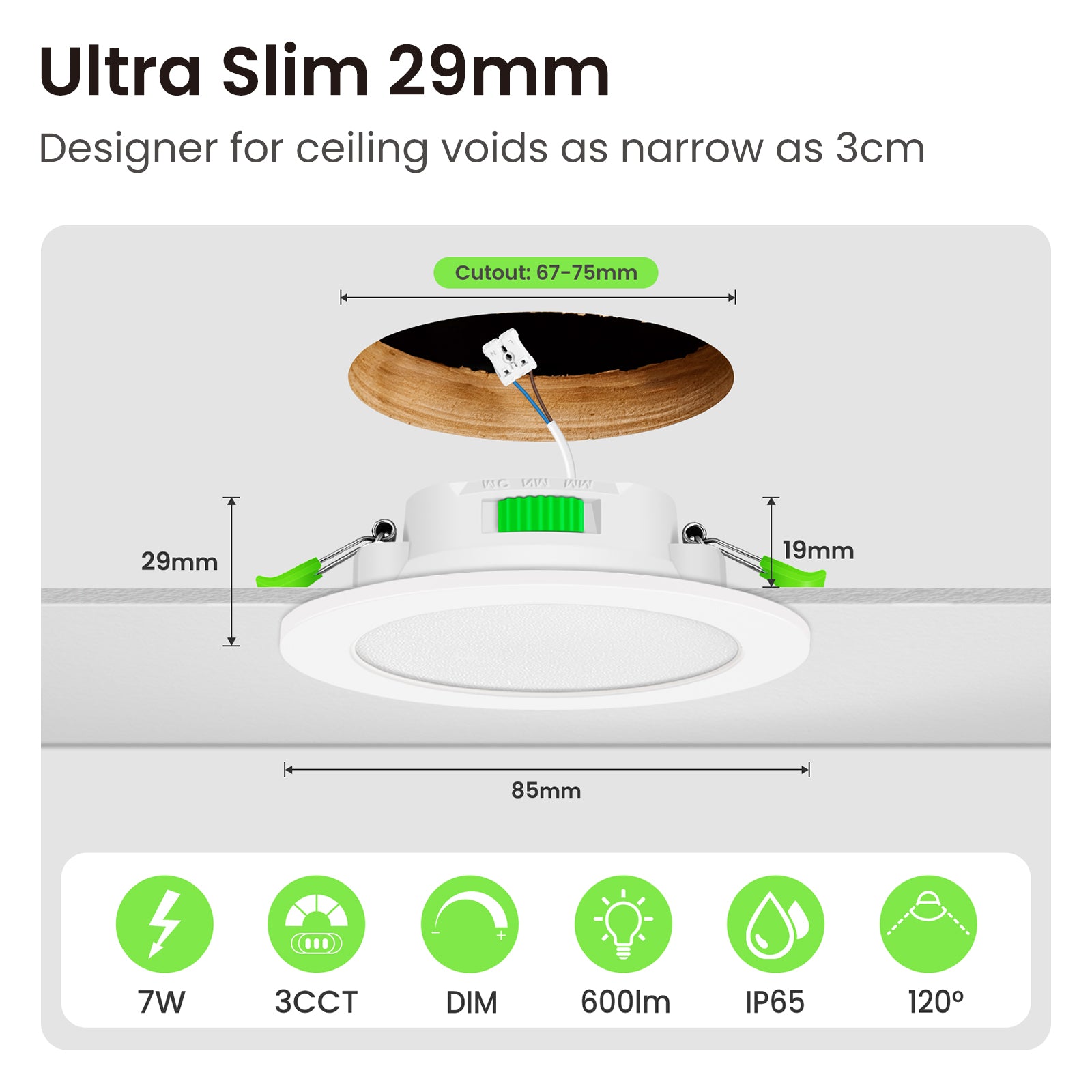 LED Recessed Ceiling Light 7W IP65 Tri-color Dimmable, 67-75mm Cutout Spotlights, 6 Pack