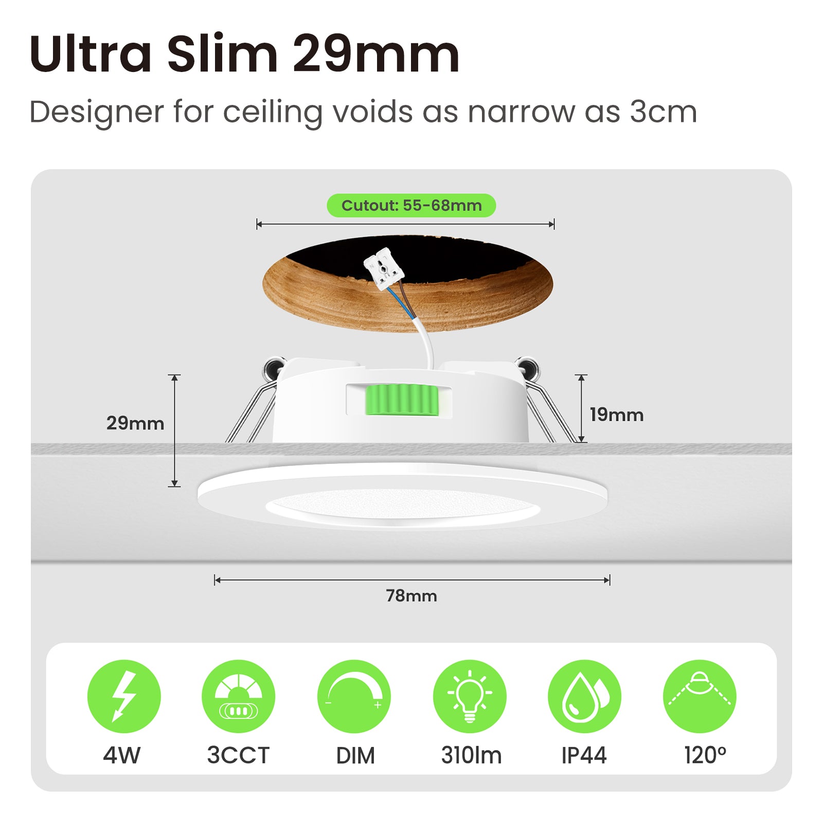 6 Pack Round 4W 55-68mm Cutout Ultra Slim LED Downlight 3CCT 3000K 4000K 6500K Dimmable IP44 White Frame