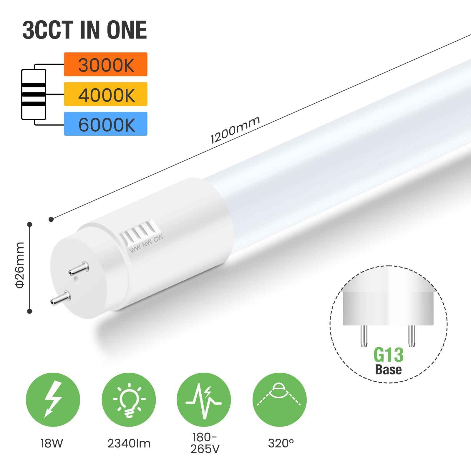 ALUSSO 3CCT LED Tube 120 cm, T8 2340LM 18 W LED Fluorescent Tube, G13 Tube Including Starter, 320° Beam Angle, Pack of 10 - ALUSSO LIGHTING