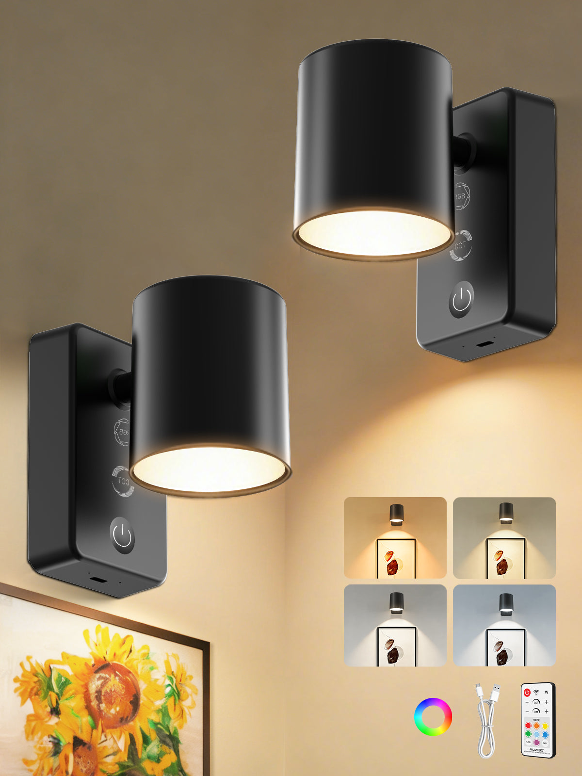 Dimmable LED wall lamp RGBCW wall light Touch reading lamp Night light USB rechargeable