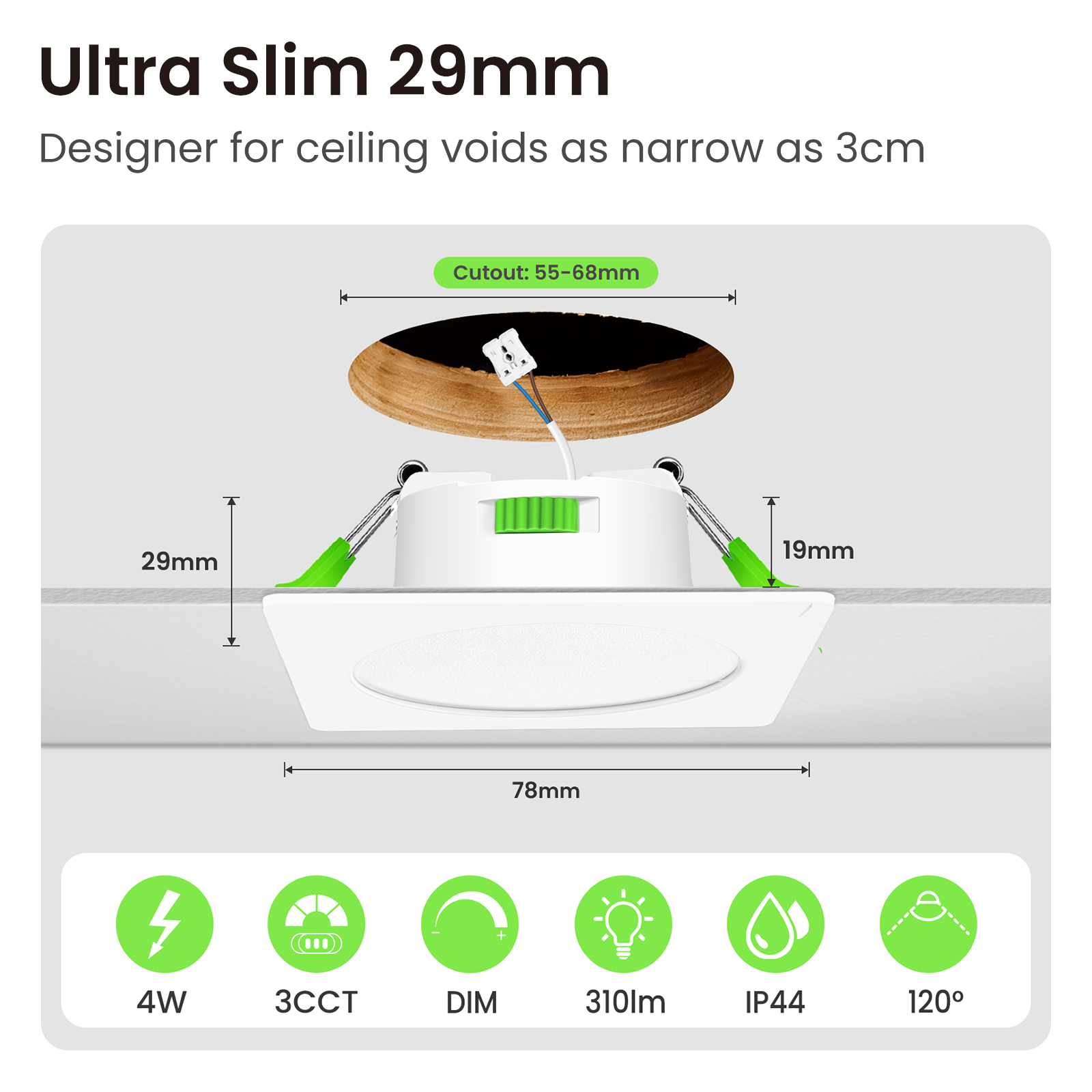 6 Pack Square 4W 55-68mm Cutout Ultra Slim LED Downlight 3CCT 3000K 4000K 6500K Dimmable IP44 White/Nickel Frame