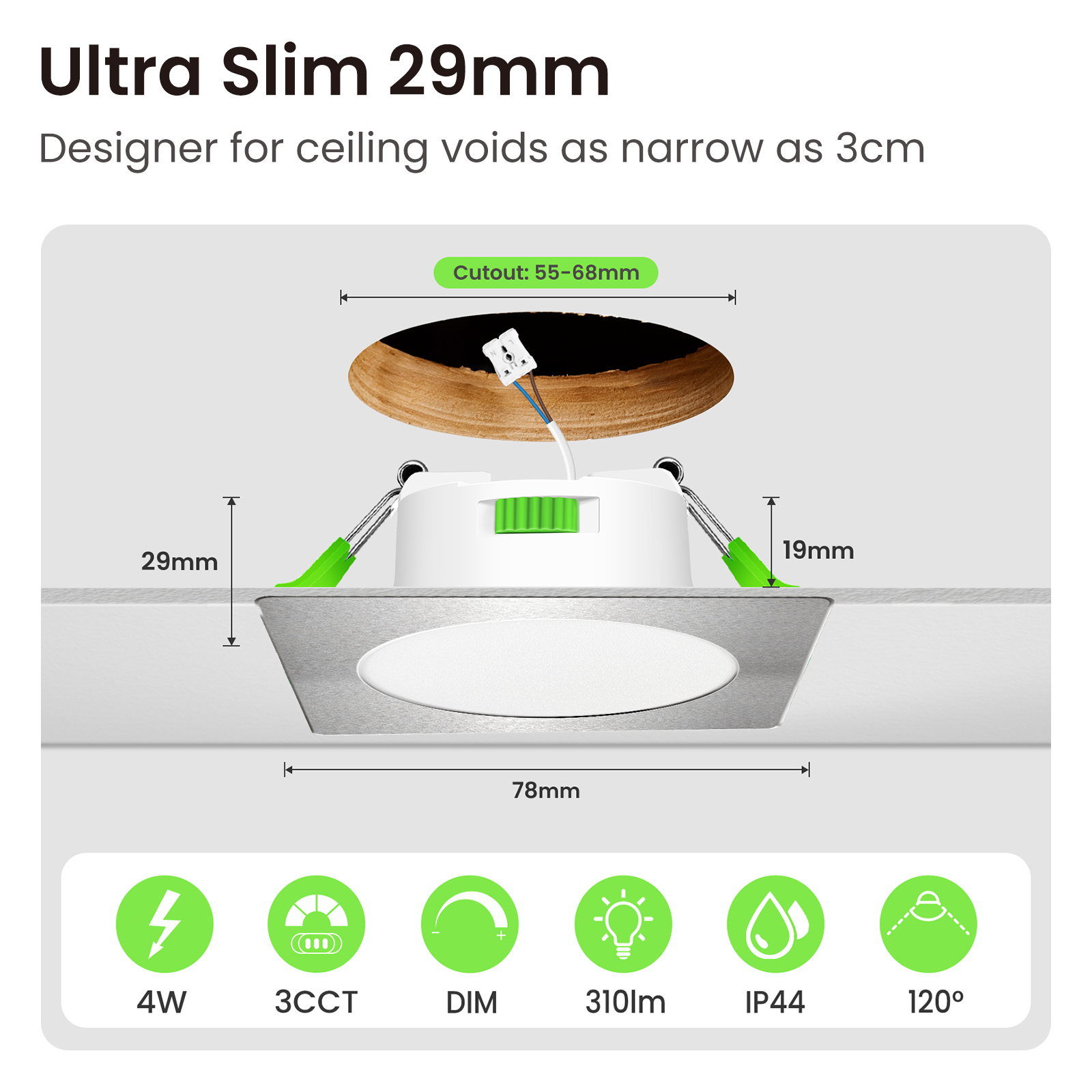 6 Pack Square 4W 55-68mm Cutout Ultra Slim LED Downlight 3CCT 3000K 4000K 6500K Dimmable IP44 White/Nickel Frame