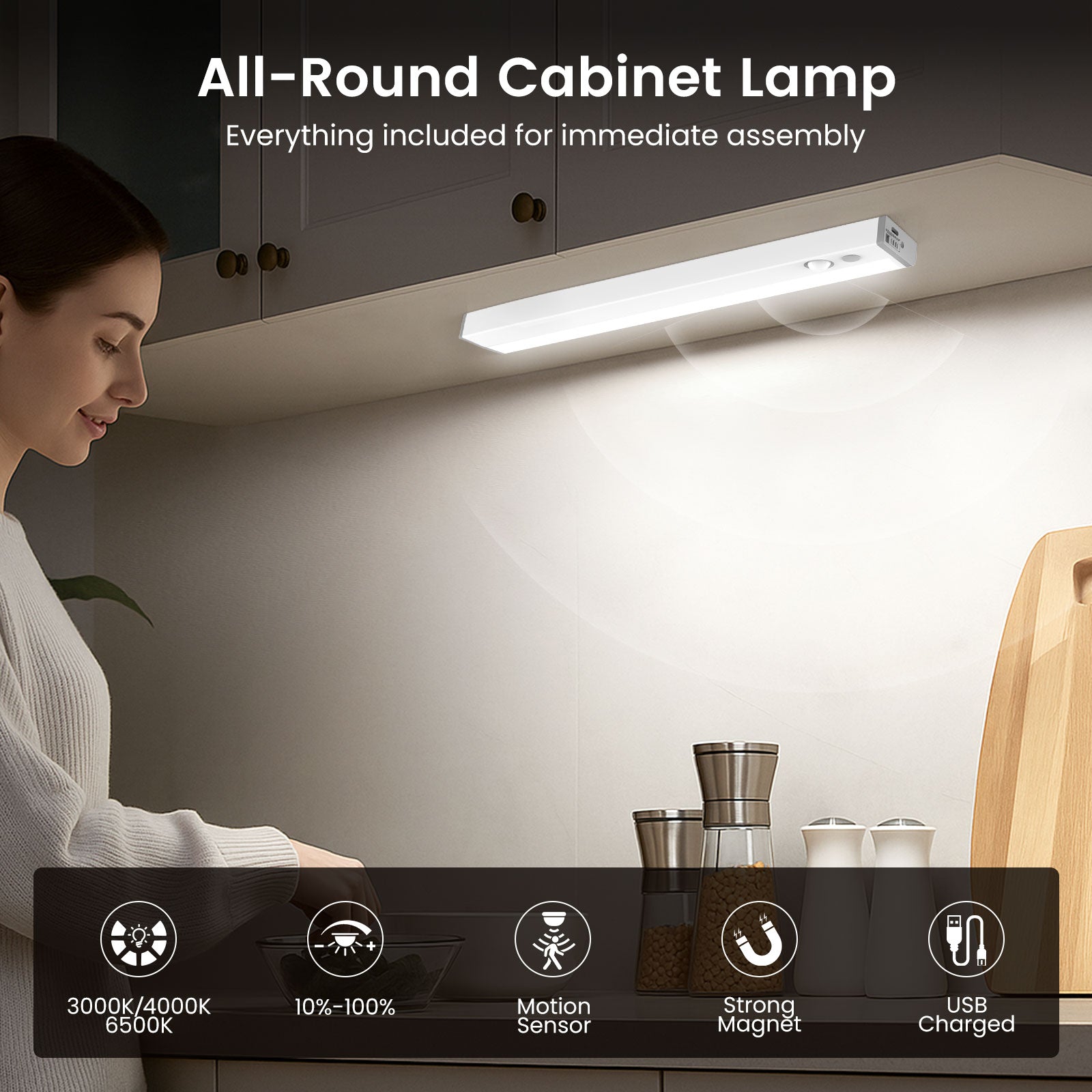 ALUSSO LED Under Cabinet Lights with Motion Sensor, Brightness and Color Temperature Control (3000K/4000K/6500K), 30cm USB Rechargeable Night Light for Stairs, Bedroom, 2 Pack