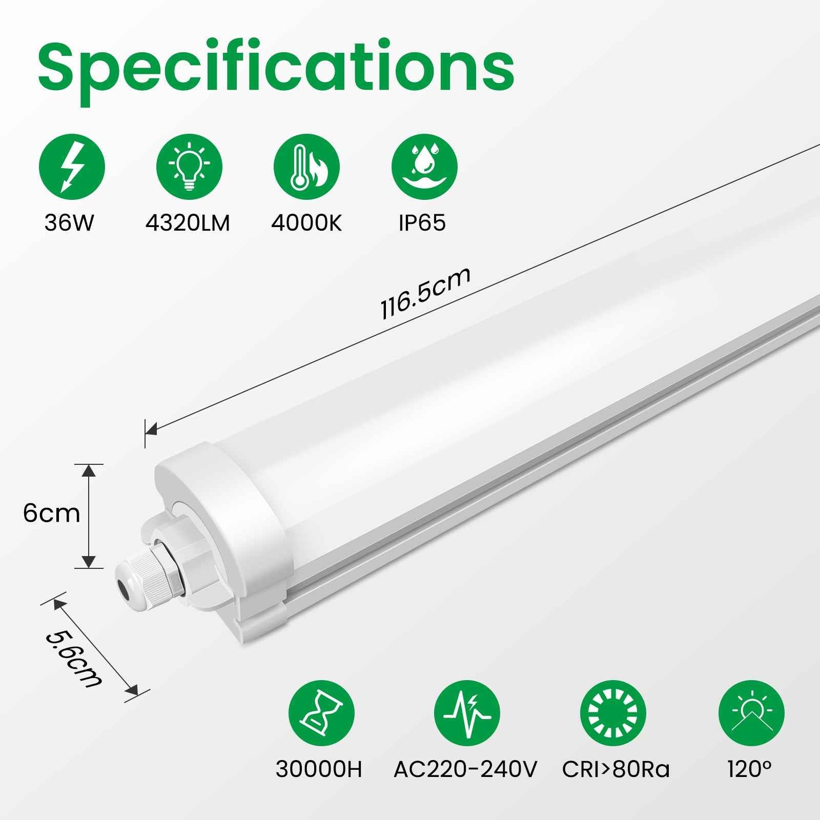 2x LED Tri-proof Ceiling Light 117cm IP65 4000K Linkable 36W Luminaire for Garage, Basement, Workshop, Wet Room, Bathroom, Office, Warehouse - ALUSSO LIGHTING