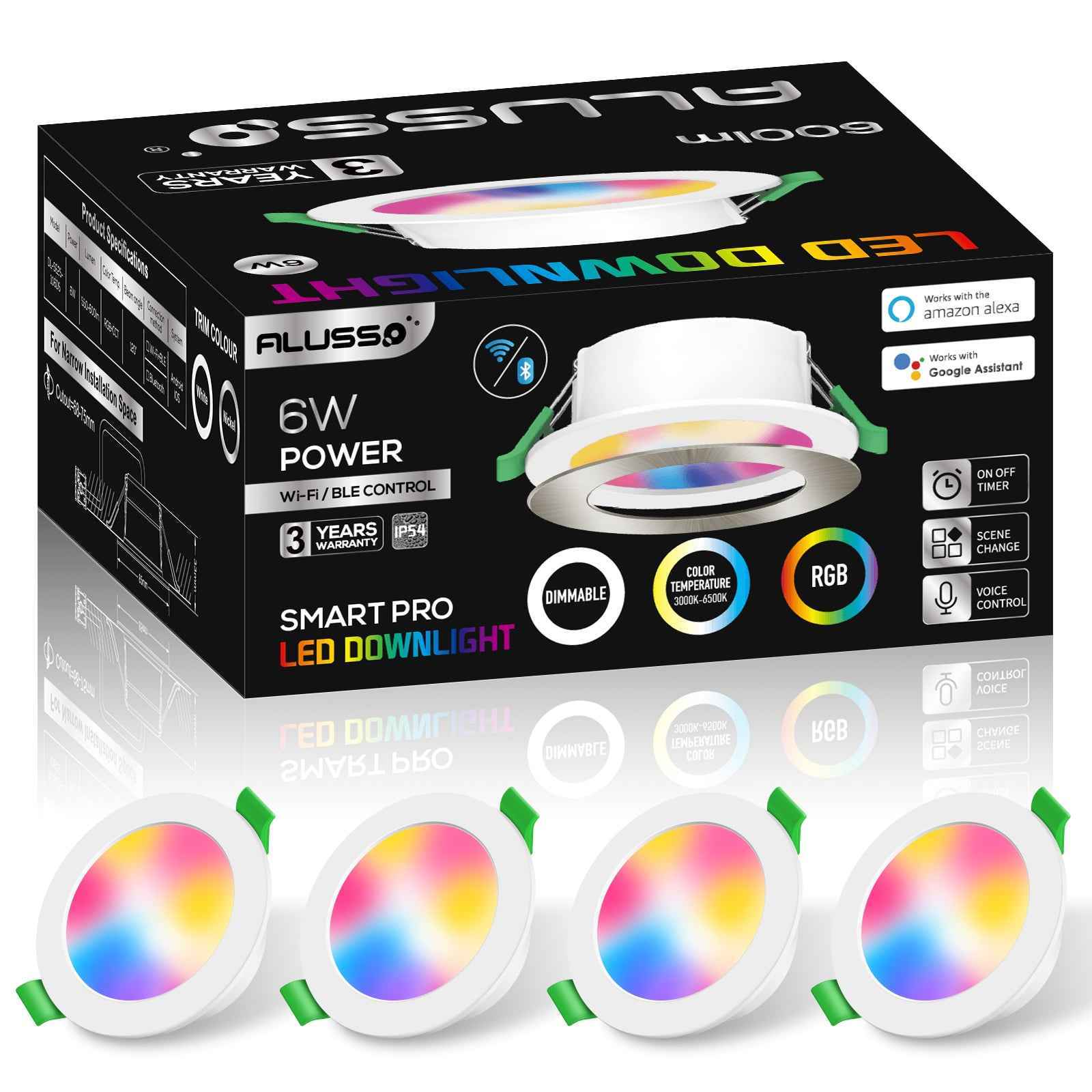 WIFI 6W Smart RGB LED Downlights, 68-75mm Cutout, White & Nickel Frame, 4 Pack, IP54