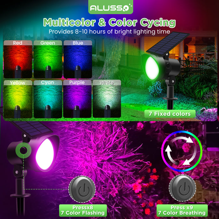 ALUSSO RGB Solar Spotlights Outdoor Motion Sensor, 3CCT Dimmable, IP65 Waterproof Landscape Lighting for Outside Yard Pathway Garden, 4 Pack
