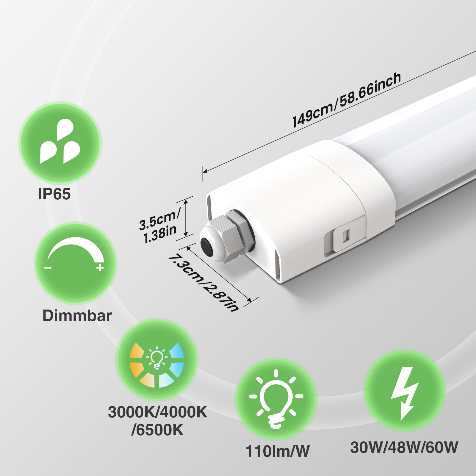 2x LED Tri-proof Ceiling Light 117cm IP65 4000K Linkable 36W Luminaire for Garage, Basement, Workshop, Wet Room, Bathroom, Office, Warehouse