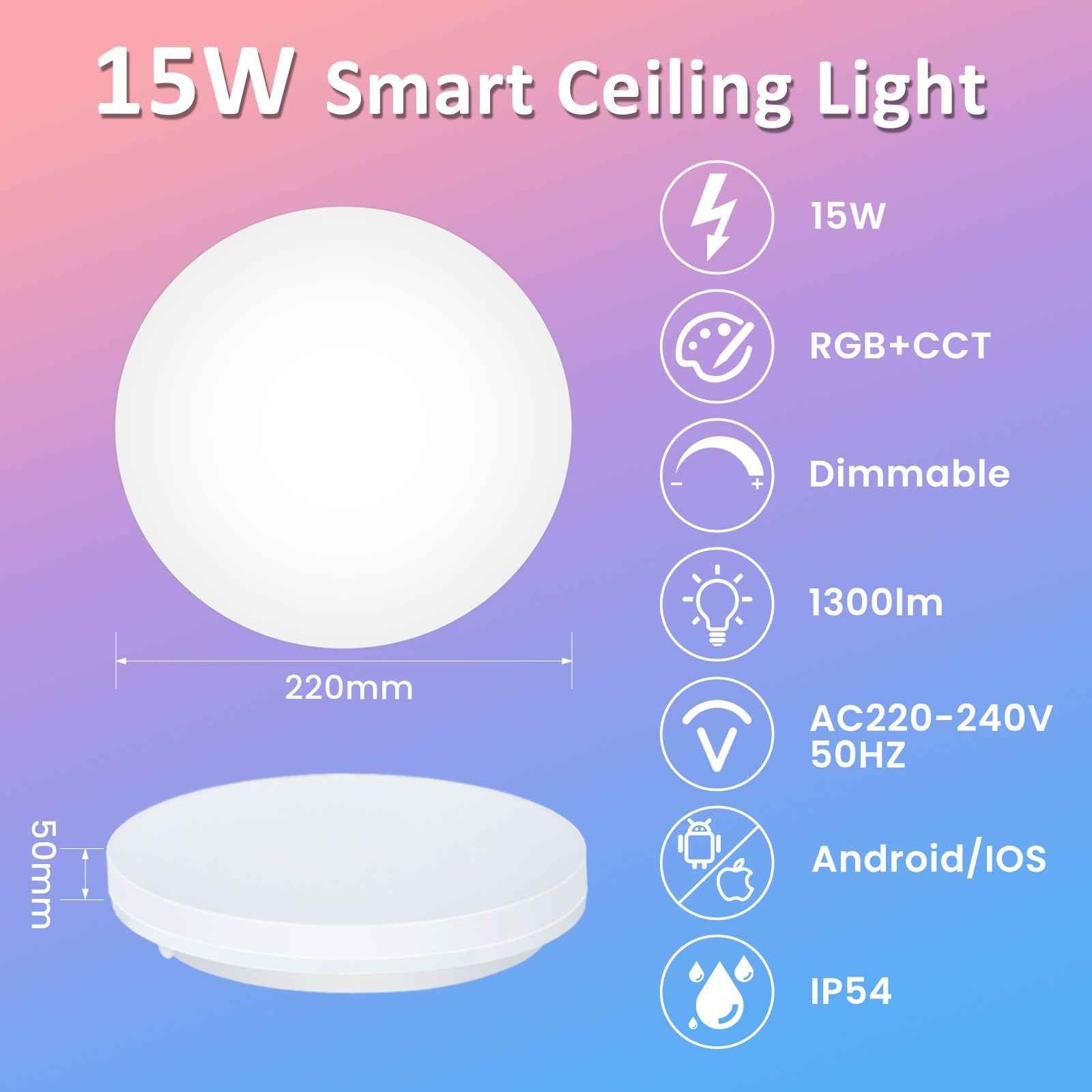 15W/20W/25W WIFI Smart RGBW LED Ceiling Light, IP54, 220-330mm, 1PACK - ALUSSO LIGHTING