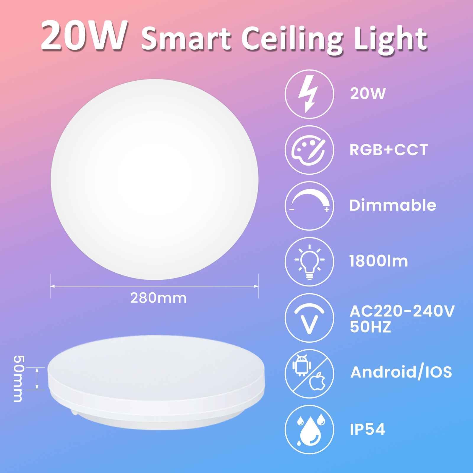 15W/20W/25W WIFI Smart RGBW LED Ceiling Light, IP54, 220-330mm, 1PACK - ALUSSO LIGHTING